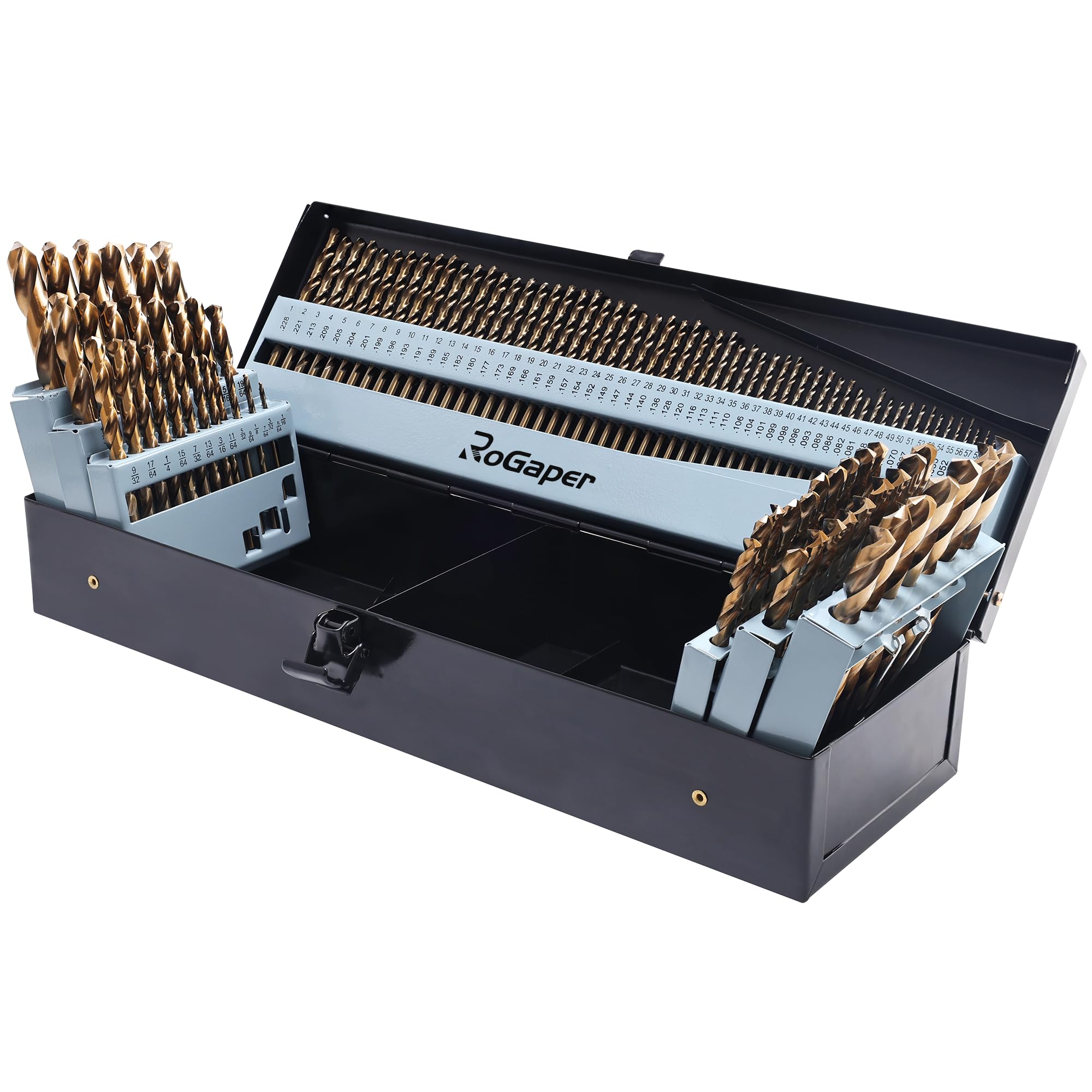 Lot de 145 forets au cobalt, M35 HSS, pointe de 135 degrés, kit de forets hélicoïdaux pour métal trempé, fonte, acier inoxydable, plastique et bois avec étui de rangement, 0,6 cm - 1,27 cm
