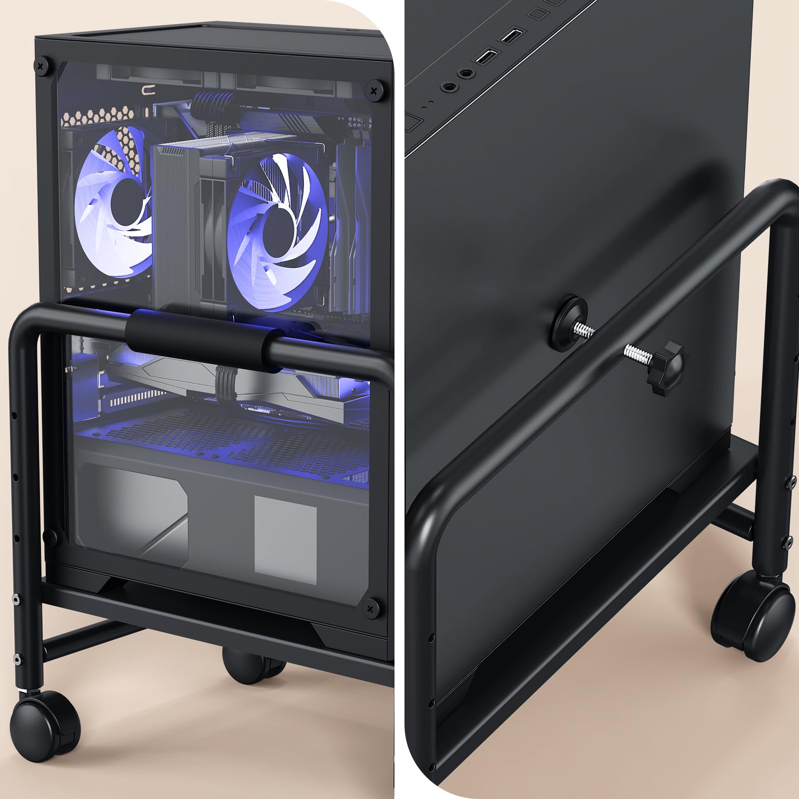 KEEGH Computer-Tower-Ständer unter dem Schreibtisch, höhenverstellbarer Computerwagen für Boden, robuster Stahlständer mit 360° feststellbaren Lenkrollen für PC, Drucker, Gaming-Zubehör, Schwarz