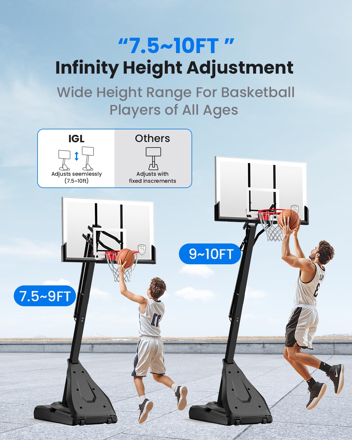 IGL Basketball Hoop Outdoor, 54-60 Inch Shatterproof Backboard, 7.5-10 FT Quick Height Adjustable Basketball Portable Hoops & Goals, Reinforced and Thickened Tube Iron Steel