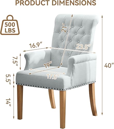 Miniatura 2 de Silla de comedor de tela con brazos, sillas de comedor tapizadas con respaldo alto, sillón decorativo con patas de madera maciza y ribete de cabeza