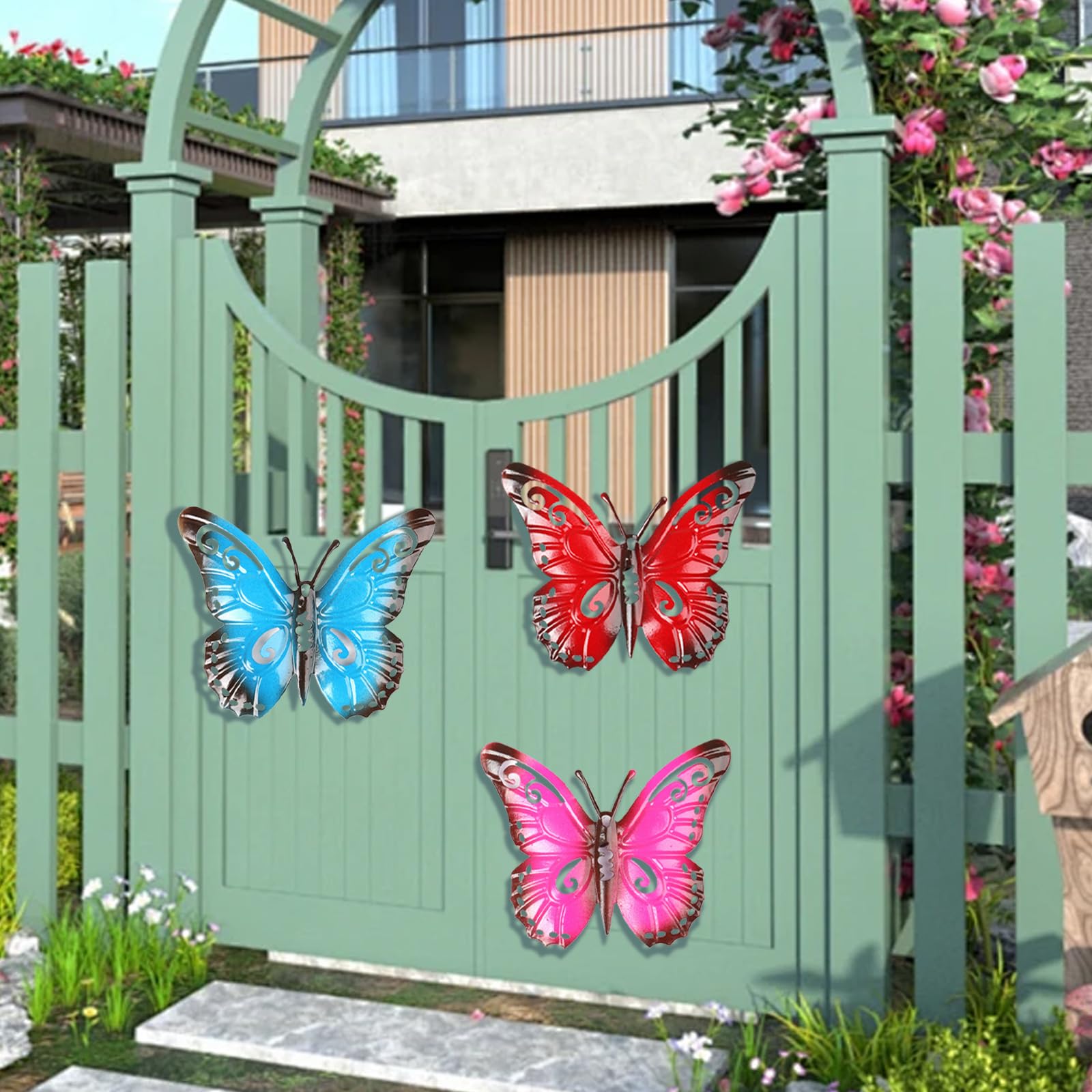 Metall-Schmetterlinge & Blume Deko Set – 4-teilig, Garten-Wanddekoration, Outdoor & Indoor