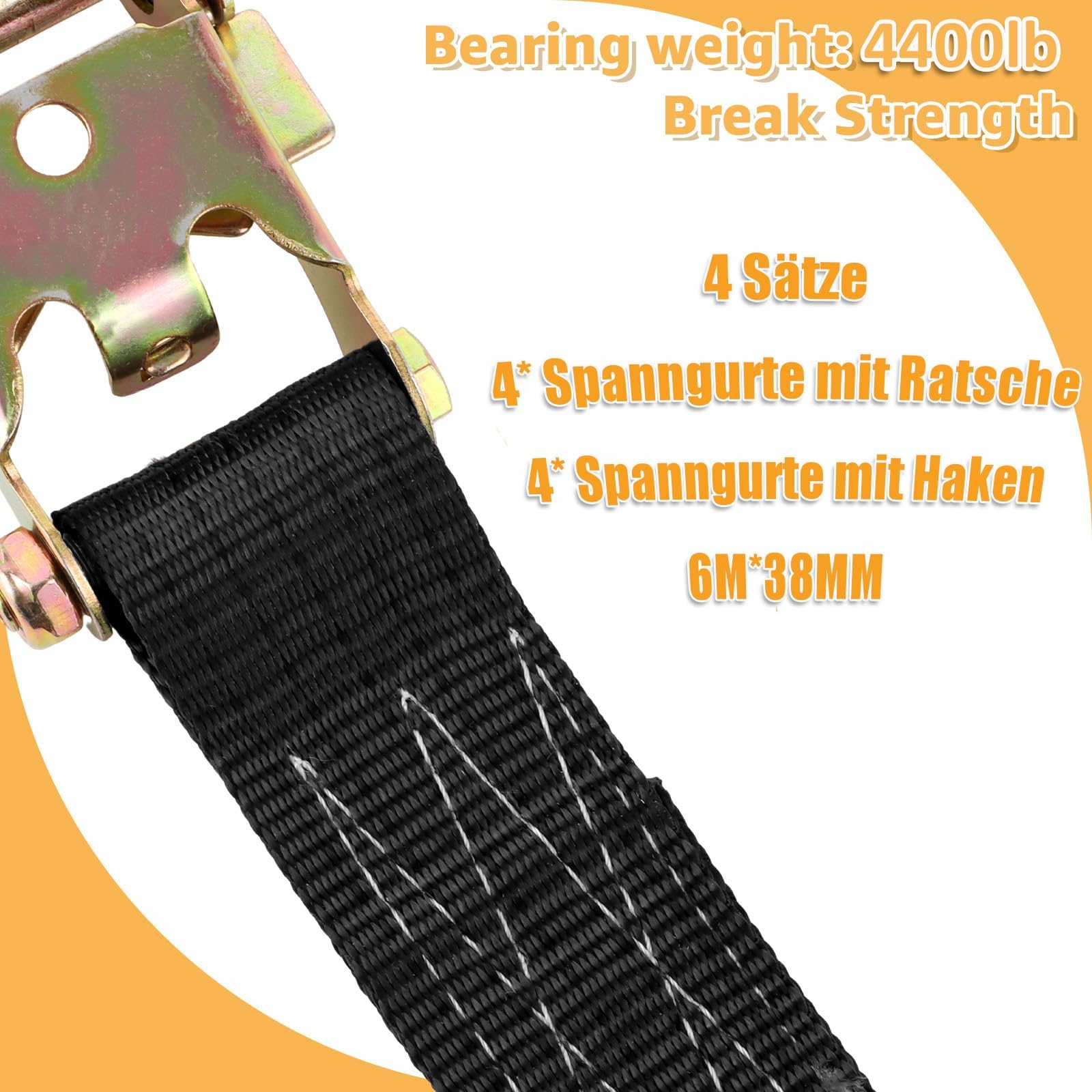 ASelected 4 Jeux de 2000 KG Sangle d'arrimage à Cliquet, 6M×38MM Sangle a Cliquet avec Crochet en Polyester, Sangles de Serrage avec Tendeur à Cliquet pour Remorque, Moto, Voiture
