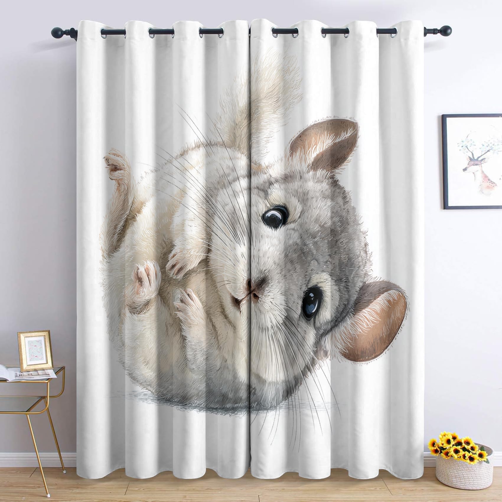 Cute Chinchilla Blackout Curtains for Bedroom Living Room, Cute Animal Curtains 46 x 54, Thermal Insulated Noise Reduction Eyelet Kids Chinchilla Window Treatments 54 Drop, 2 Panels Drapes, Home Decor