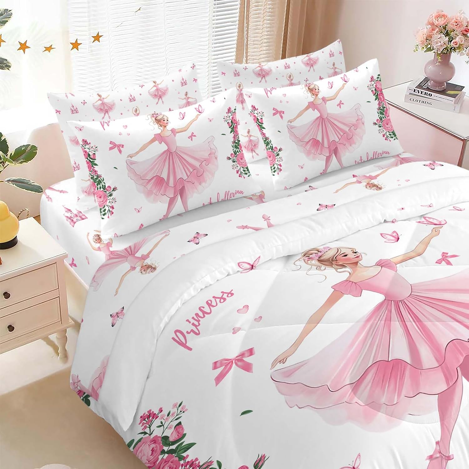 Queen Bedding Sets 7 Pieces Princess Sheets Cute Queen Sheets for Girls Ballet Dancer Bedding Pink Girls Decoration Bedroom Bedding