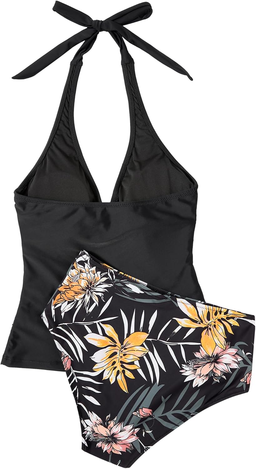 Women Sexy Halter Tankini Bathing Suit Slimming Tummy Control Swimsuit (L)