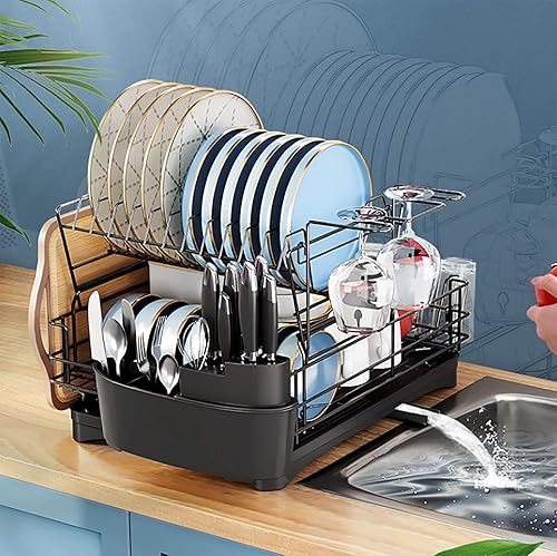 Miniatura 7 de WestUx Escurridor de platos de acero inoxidable de 2 niveles, escurridor de platos a prueba de óxido, gran capacidad, con escurridor y boquilla