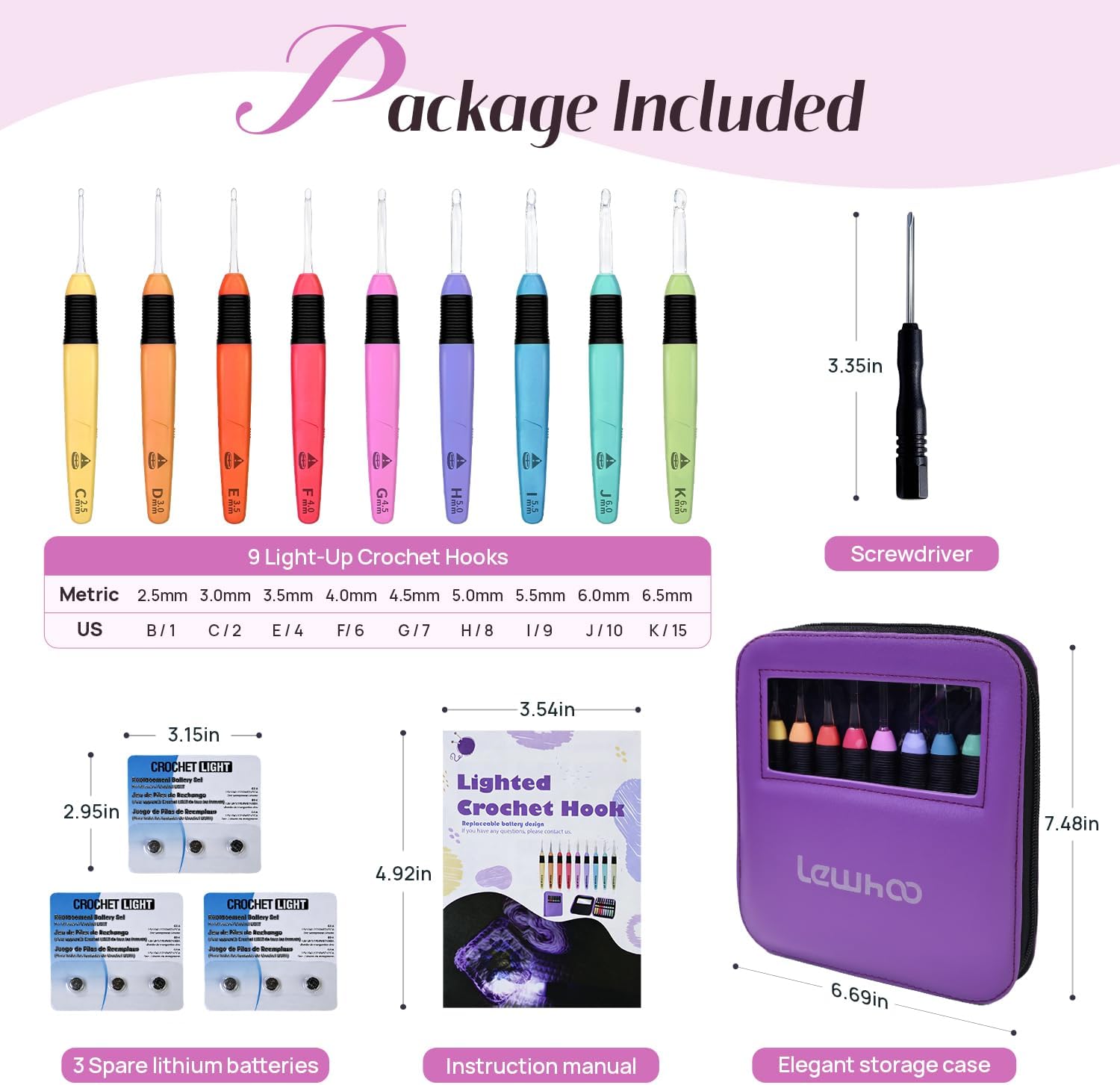 Lewhoo Light Up Crochet Hook with Battery 2.5-6.5mm, 9 Size Led Crochet Hooks Set with Bag for Dark Yarn, 3 Packs Replacement Batteries Crochet Needle Set