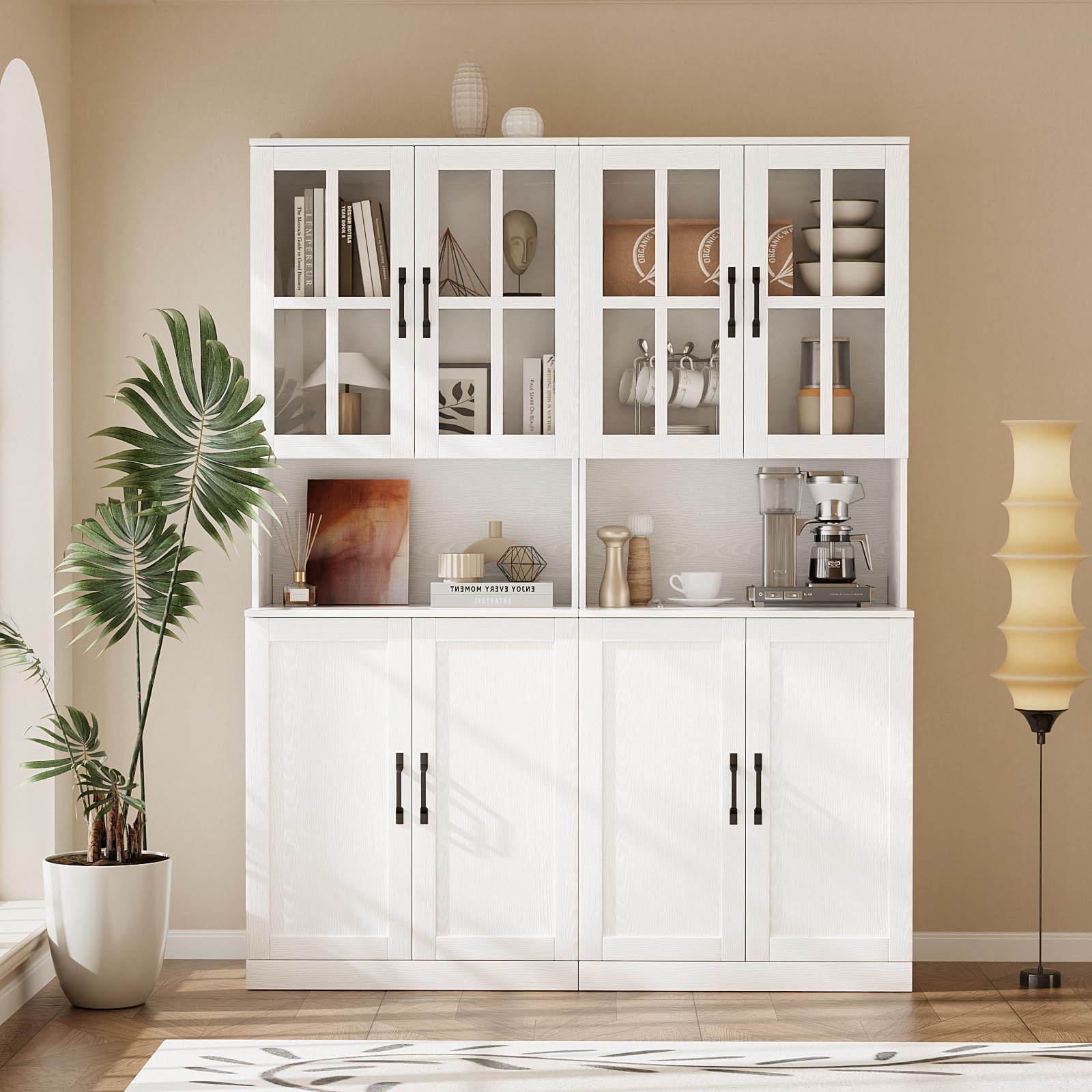VOWNER Modularer 5PSC TV-Schrank, Fernsehschrank mit Glastüren & Bücherregalen für TV bis 75 Zoll, TV Ständer, Wohnzimmerschrank mit Kontrollfläche, 300 x 180 x 40 cm, weiß (5PCS)