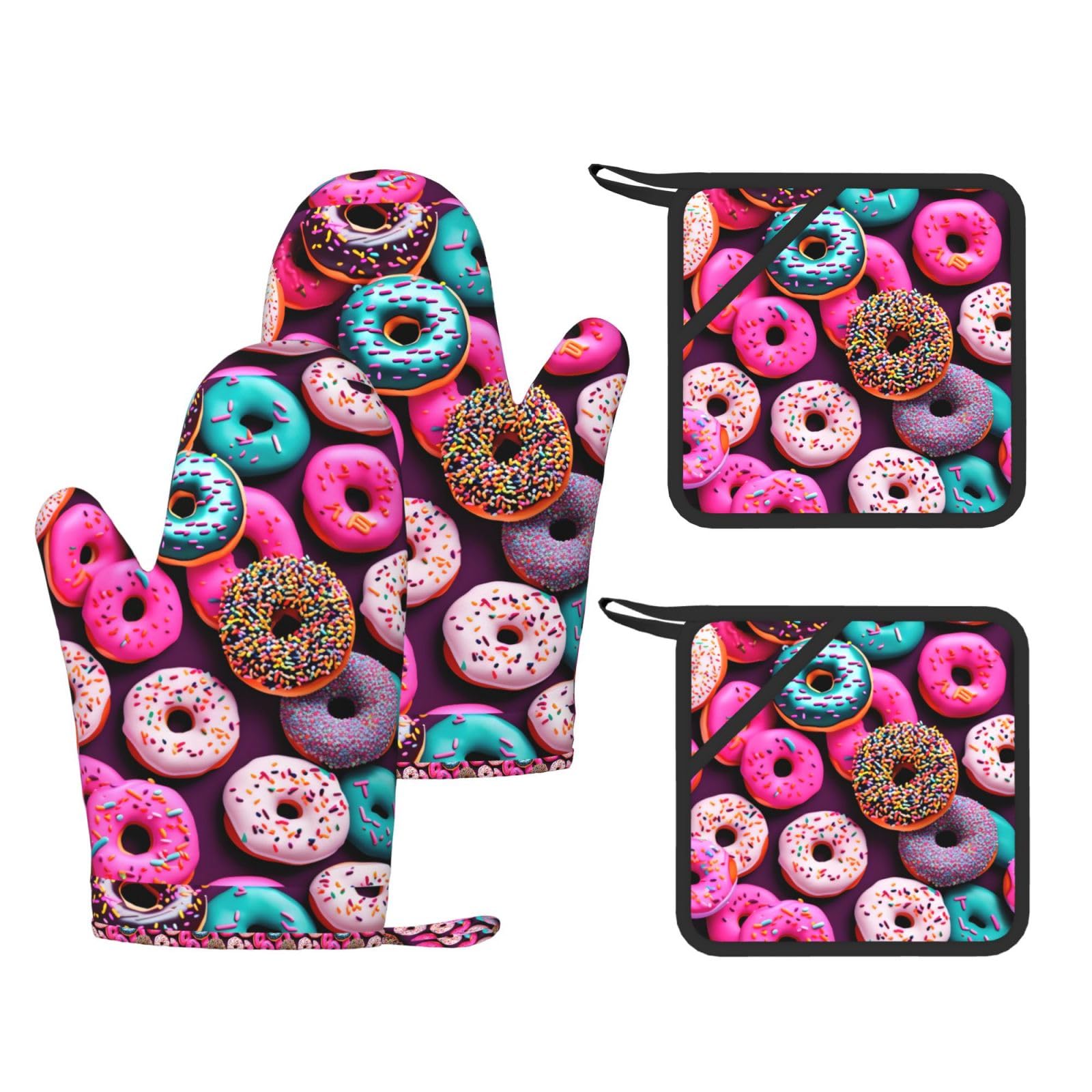 Donut Print Kitchen Heat Resistant Set,Cooking Kit With Hanging Loop For Baking & Bbq
