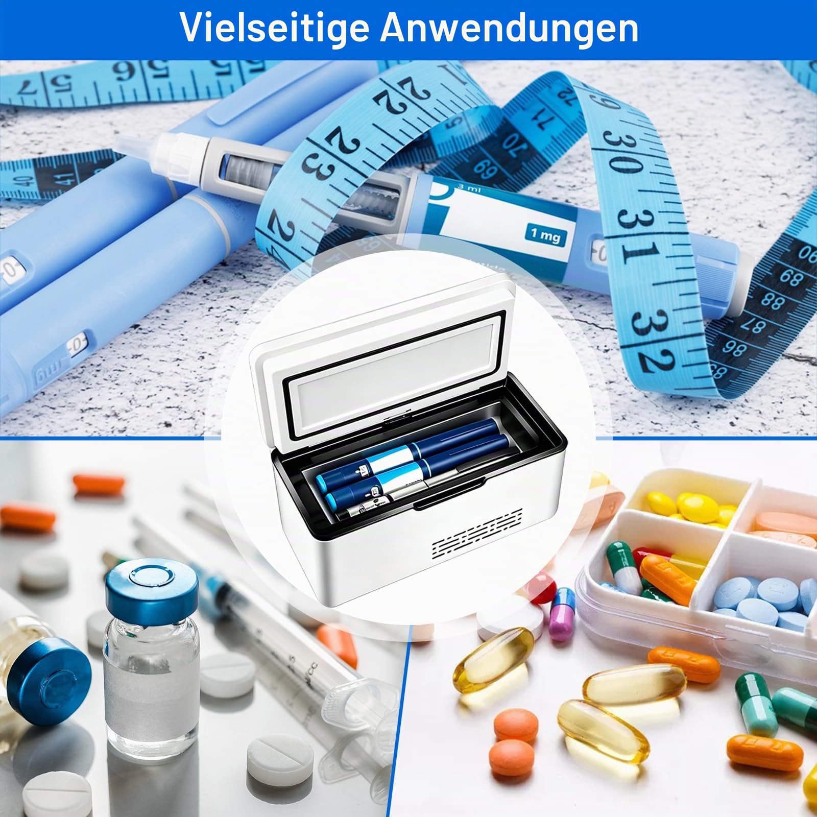 Tragbare Insulin Kühlbox, 2–8 °C aktiver Kühlung, Medizin kühlschrank mit 2×10200 mAh Akku und Tragetasche, Intelligente Akku-Warnung, Insulin Kühltasche für Zuhause, Auto & Reisen