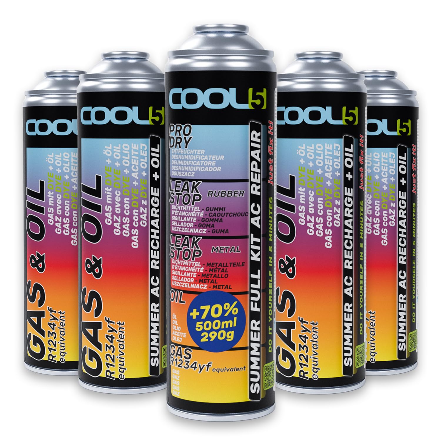 Summer Full KIT AC 5 in 1 + 4 lattine Summer AC Recharge + olio - Refrigerante e cambio olio - Gas (R1234yf), olio condizionatore d'aria per auto dal 2017 - Confezione grande 290 g netto