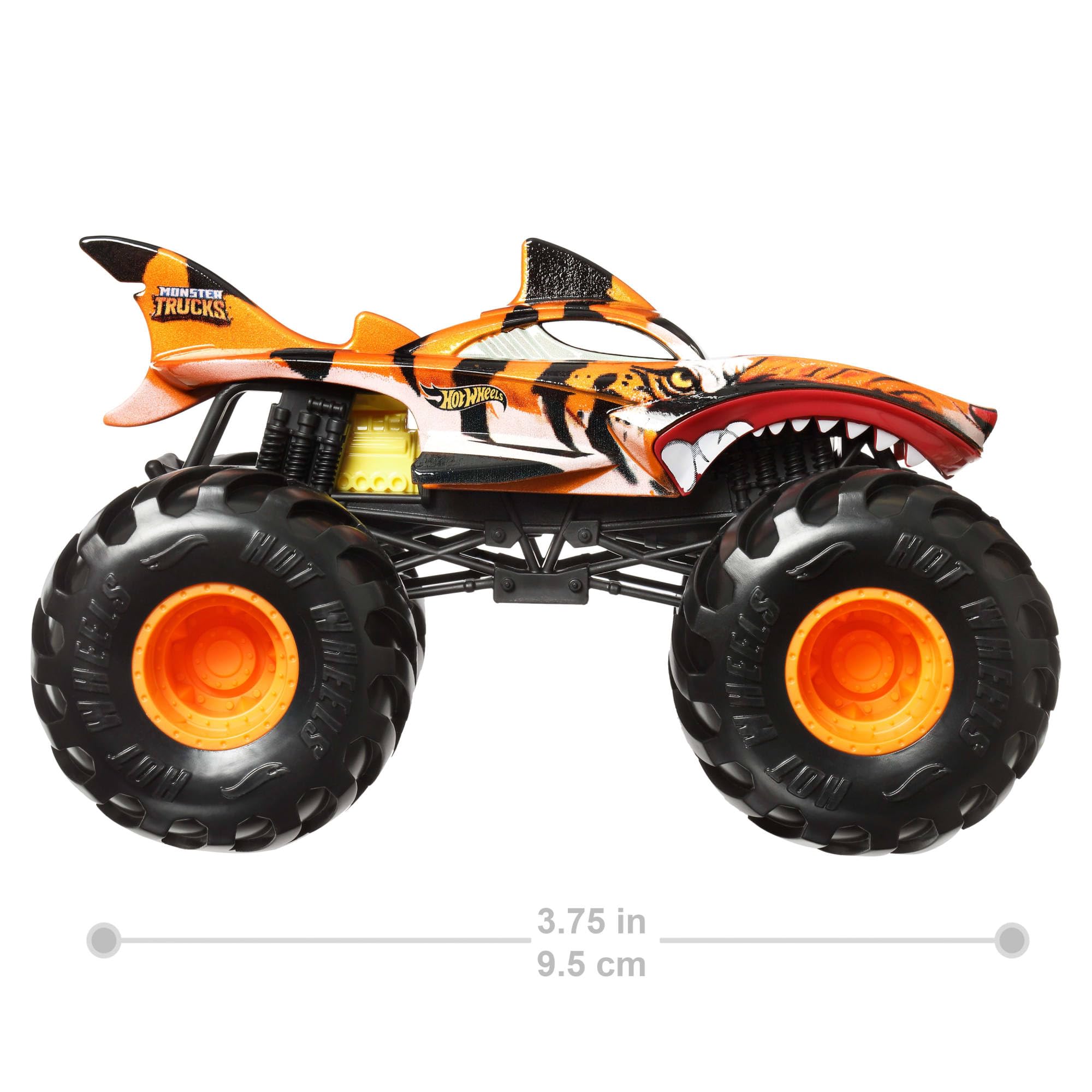 Hot Wheels Monster Trucks - Tiger Shark Oversize, Veicolo in Scala 1:24 con Ruote giganti e carrozzeria in Metallo, Perfetto per Le acrobazie, Giocattolo per Bambini, 3+ Anni, JDR02