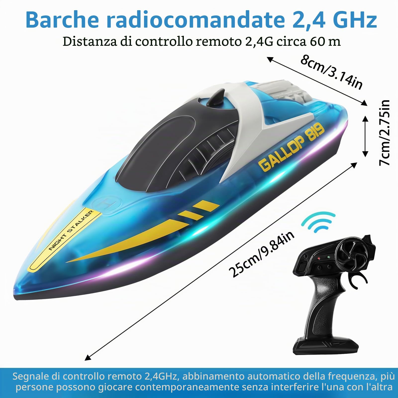 Barca Telecomandata con Luce LED, 2,4GHz Ricaricabile Barca RC completamente proporzionale, Impermeabile Motoscafo Telecomandato, Auto-Raddrizzamento Motoscafo, per Piscine, Laghi, Bambini