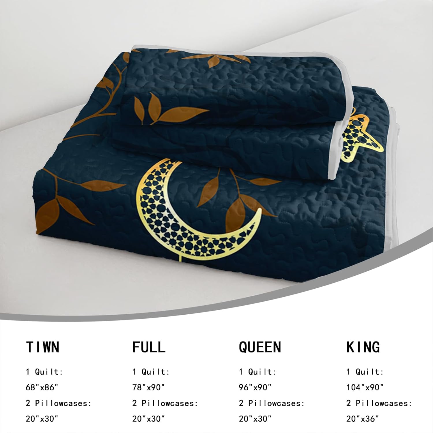 AILONEN Soft Lightweight King Size Quilt with 2 Pillowcases - 3Pcs Gold Moon Star Leaves Print Bed Cover-Bedspread Coverlet All Season