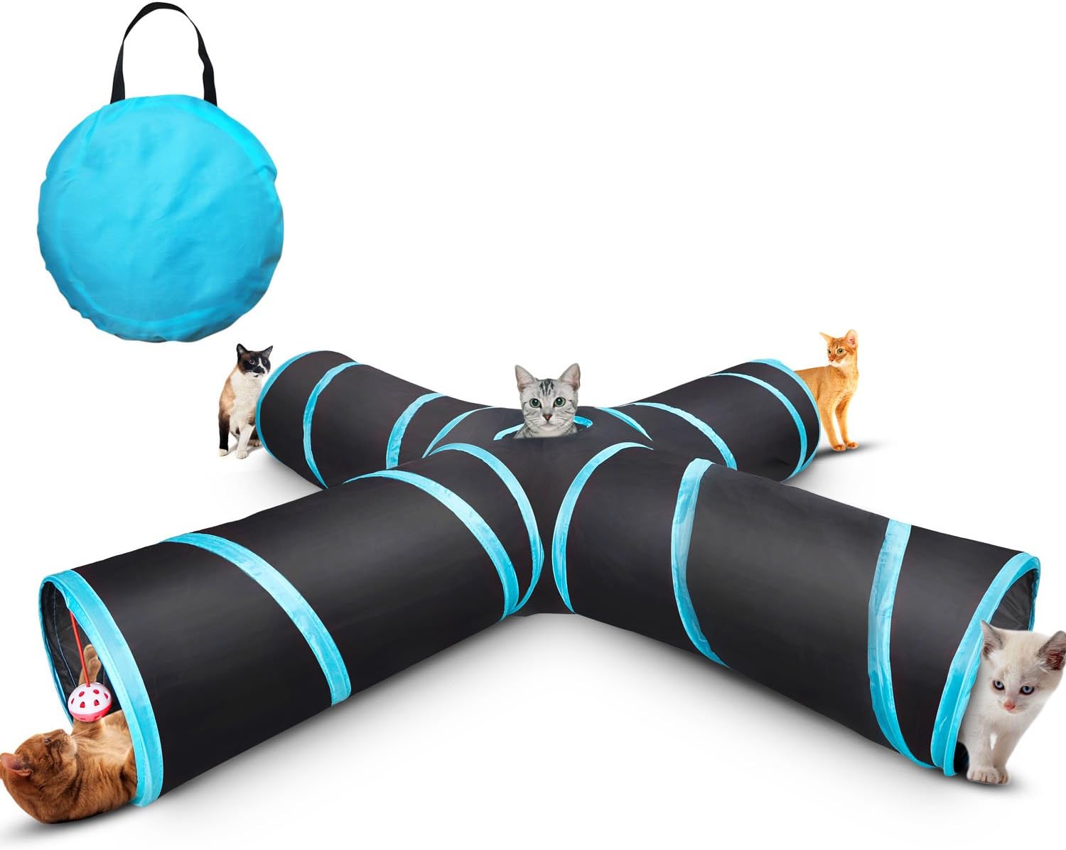 Creaker 4 Way Cat Tunnel Collapsible Pet Play Tunnel Tube Toy with a Bell Toy & a Soft Ball Toy for Cat, Puppy, Kitty, Kitten, Rabbit