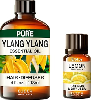Ylang Ylang Essential Oil for Diffuser (4 fl oz) & Lemon Essential Oil for Diffuser (0.34 fl oz) Set - Aromatherapy Grade Essential Oils Set - Kukka