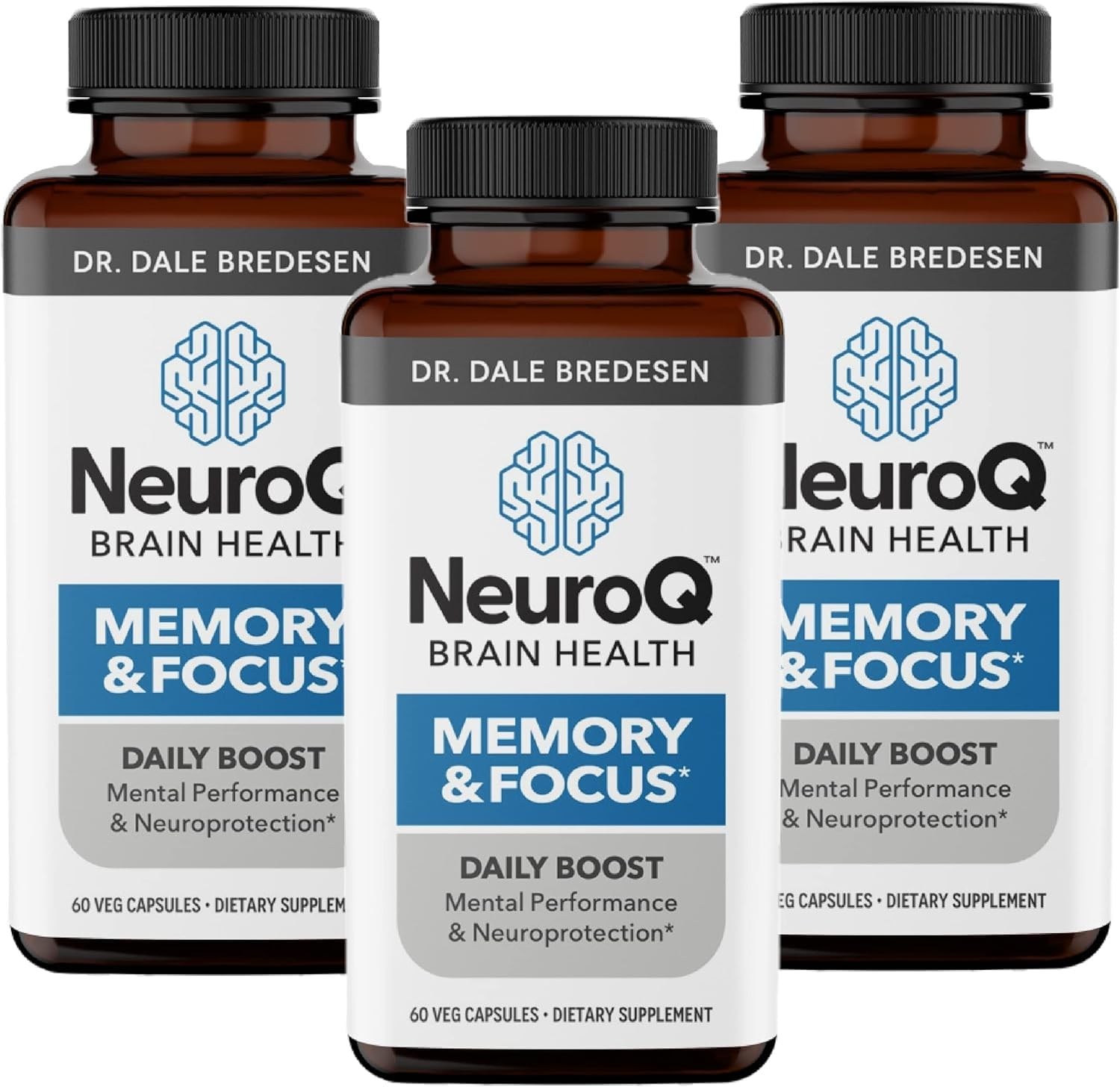 NeuroQ Memory & Focus - Boosts Cognitive Performance & Brain Function - Neuroprotective Formula by Dr. Dale Bredesen - Gotu Kola Ginkgo Phosphatidylserine & Propolis - 60 Capsules (Pack of 3)