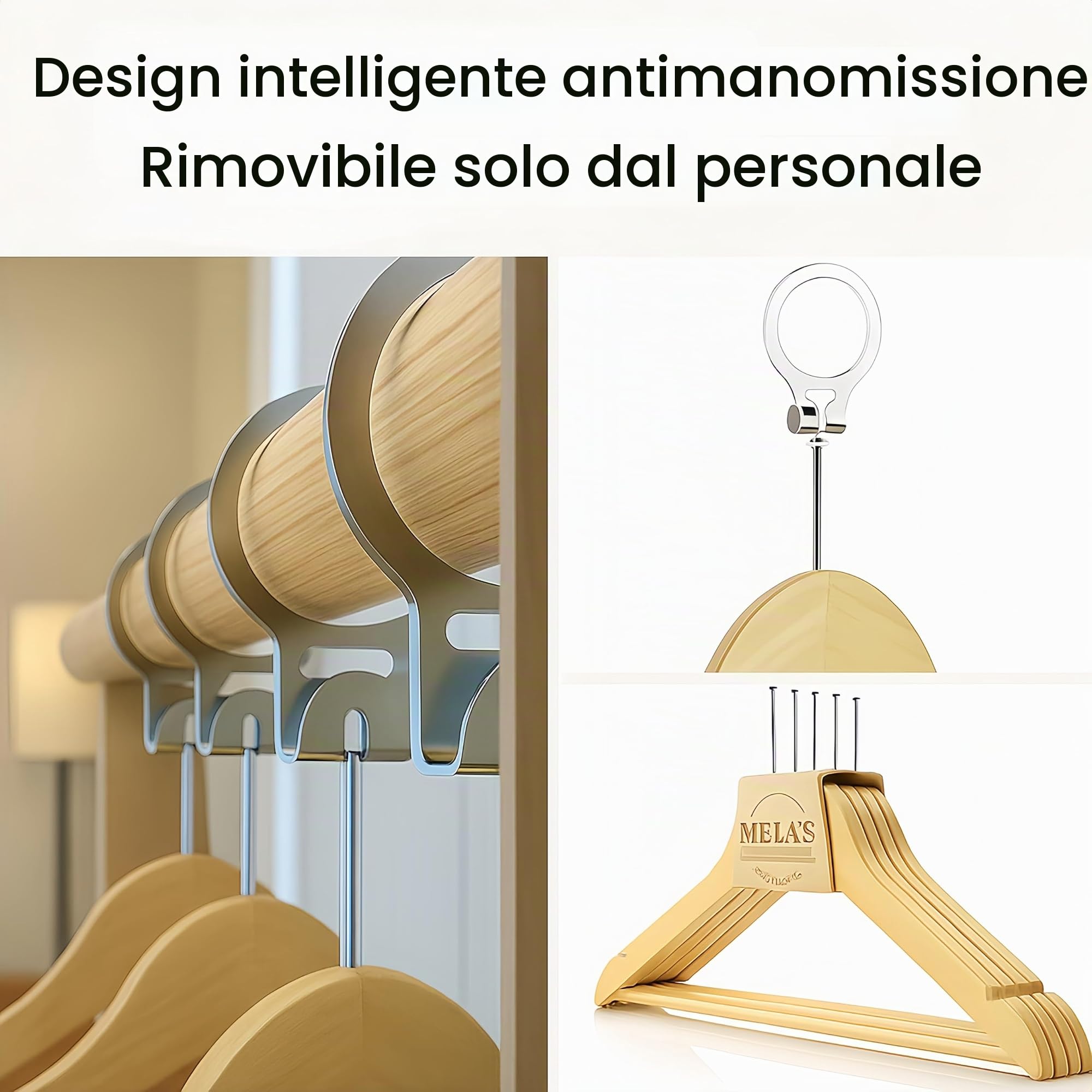 MELA'S Confezione da 50 grucce in legno antitaccheggio con anello di sicurezza – Rimovibili solo dal personale – Per hotel e uso professionale