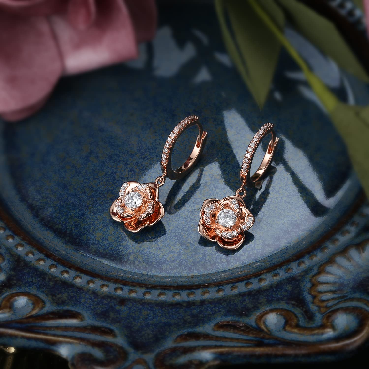 14K Gold Rose Flower Sterling Silver Stud Earrings For Women Dainty Rose Gold Pearl Earrings Hypoallergenic Earrings Cute Studs For Her Nickel Free