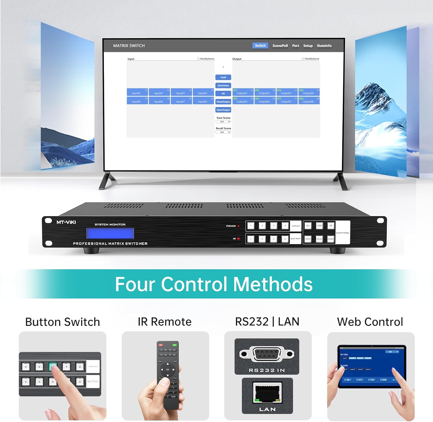 MT-VIKI 4x4 8K UHD HDMI 2.1 Matrix Switcher with Audio De-embedder, 8K@60Hz and 4K@120Hz, EDID, RS232, LAN Port, APP (4 in 4 Out)