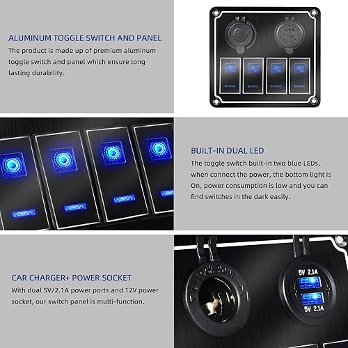 Vista 90 de Panel de interruptor de palanca impermeable de 6 cuadrillas 12V/24V Panel de interruptor basculante de aluminio con cargador USB doble, voltímetro