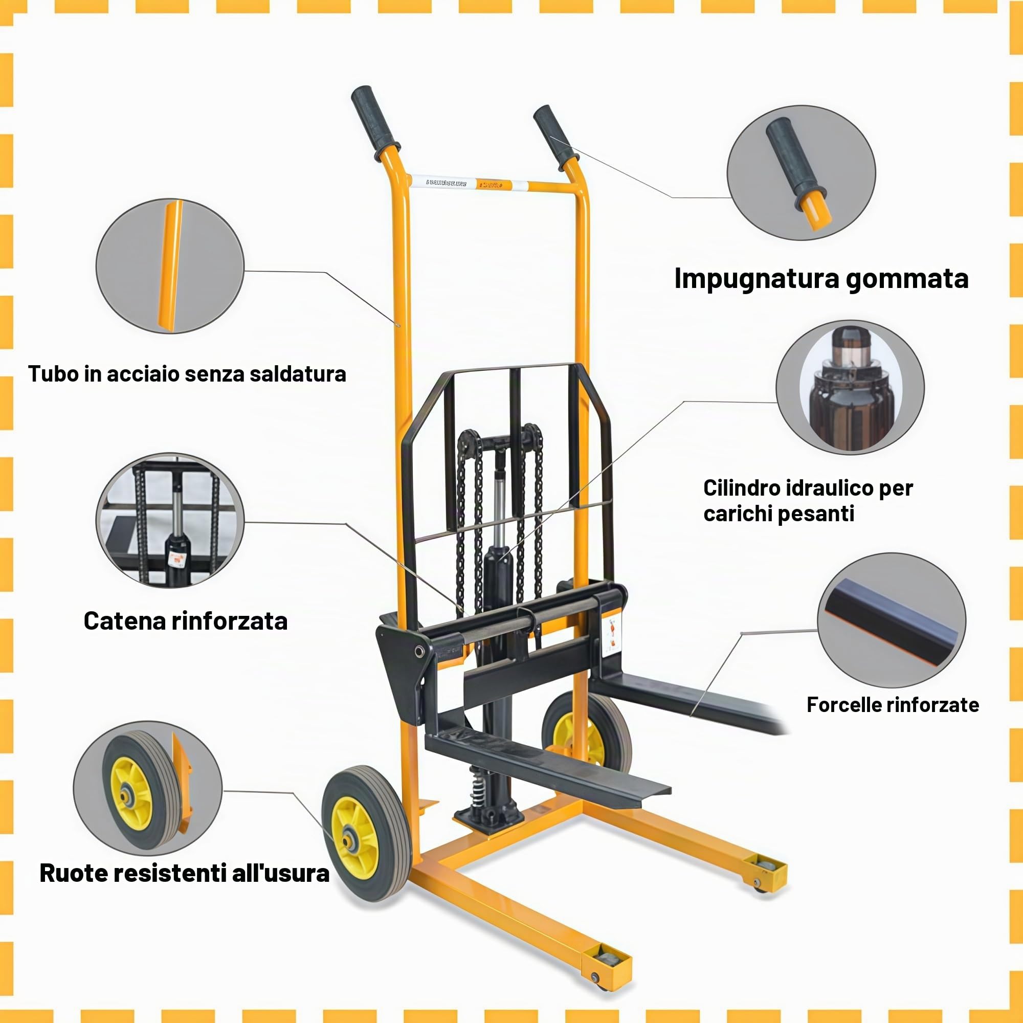 Transpallet manuale con funzione di sollevamento, portata 440 libbre, adatto alla movimentazione di merci in piccole imprese e ambienti industriali.