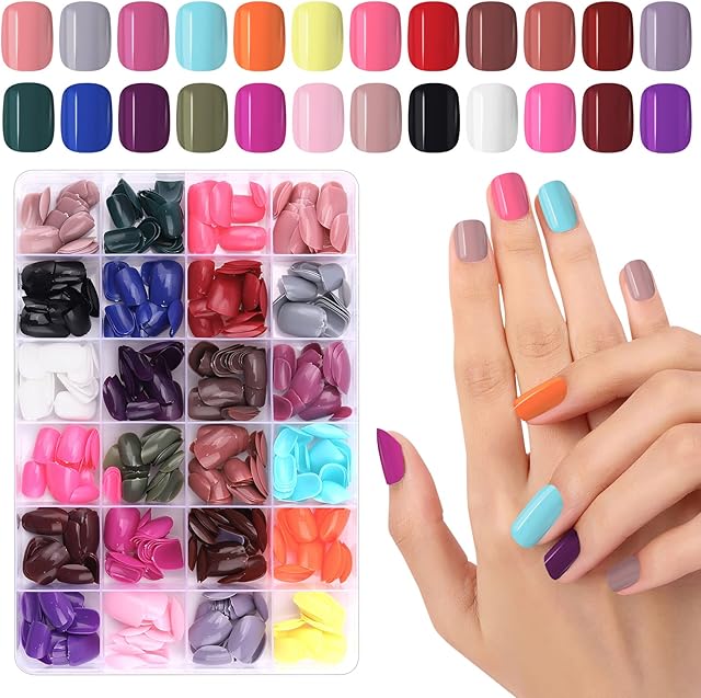 576 Pieces Colorful Short False Nails Round EBANKU Fake Nail Full Cover Artificial Acrylic Nails Tips Press on Nails for Women Girls DIY Nail Art Design (24 Colors)
