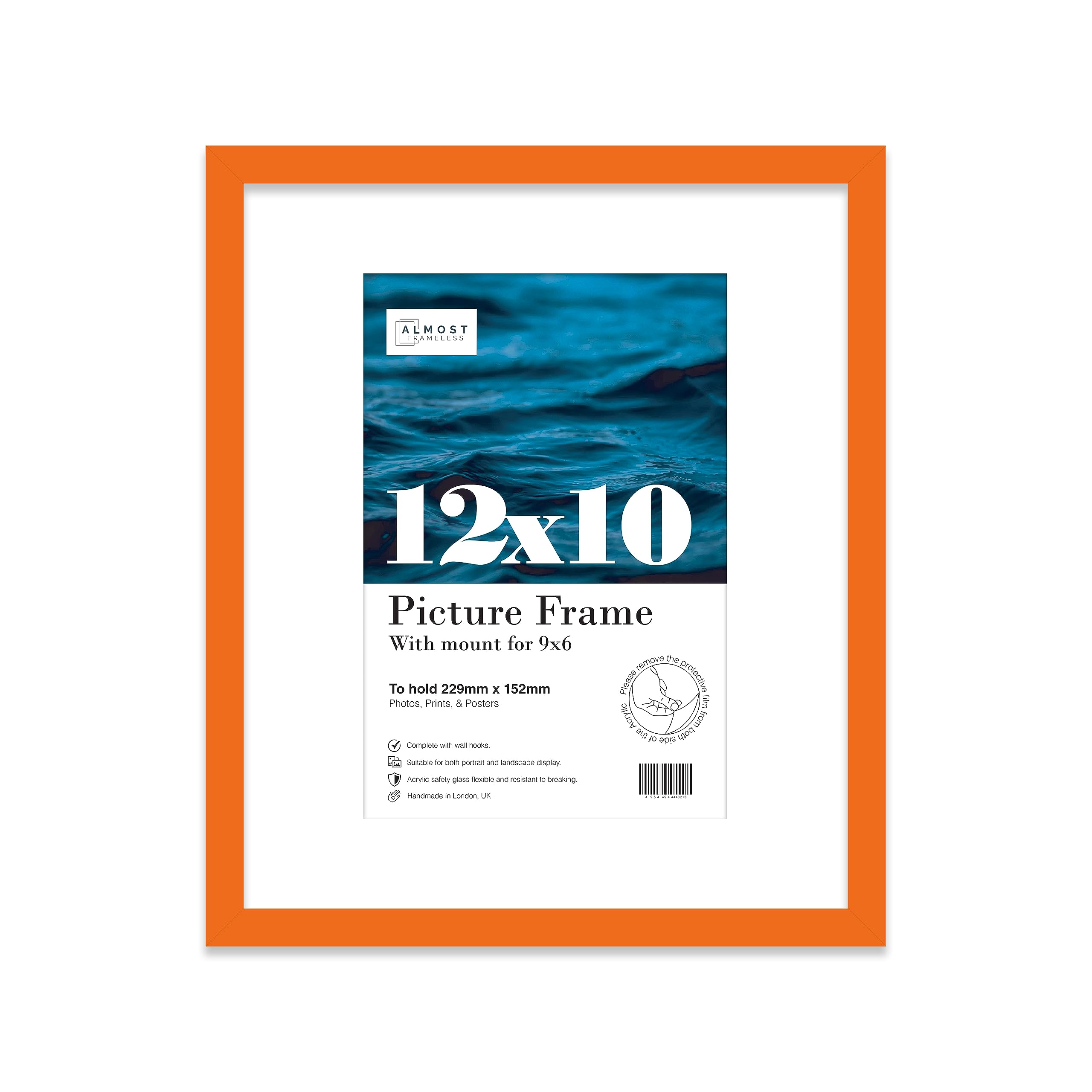 Almost Frameless 12x10 Orange Picture Frame With Mount for 9x6 Print, Poster or Photo Poster, Photo, Artwork, or Print. Thin Edge Slim Frame Portrait and Landscape Display with Wall Hooks