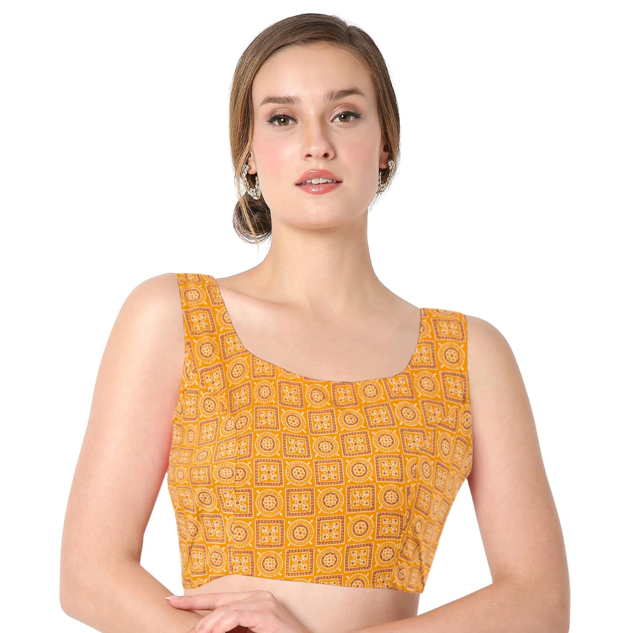 Chandrakala Cotton Printed Blouses for Women sarees, Sleeveless Ajrakh Print Crop top Choli (B224-P)