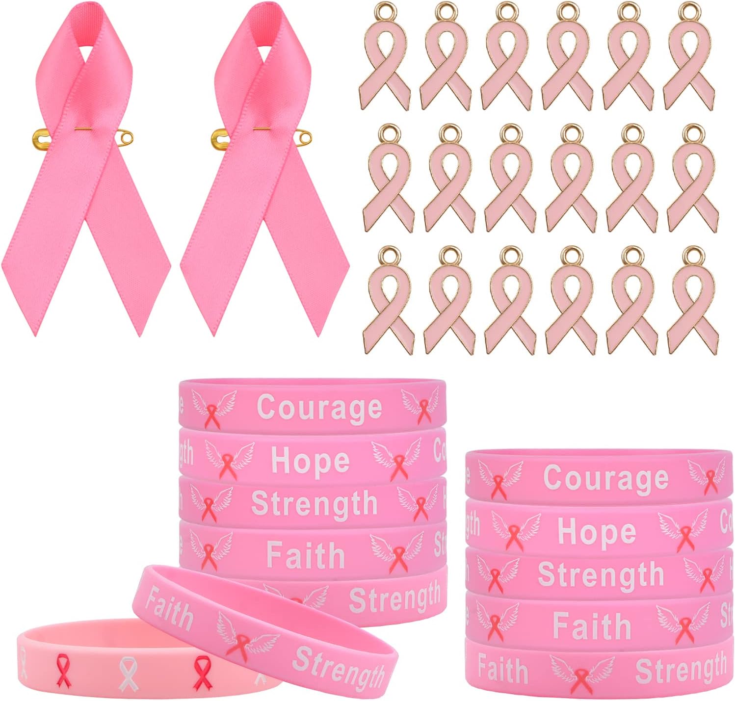WANDIC 30 PCS Octobre Rose Bracelet, Bracelet Ruban Rose Cancer Du Sein En Silicone Accessoires Décoratifs Le Thème De La Foi Et De L'espoir 5 Styles, Pour Femme Les Activités
