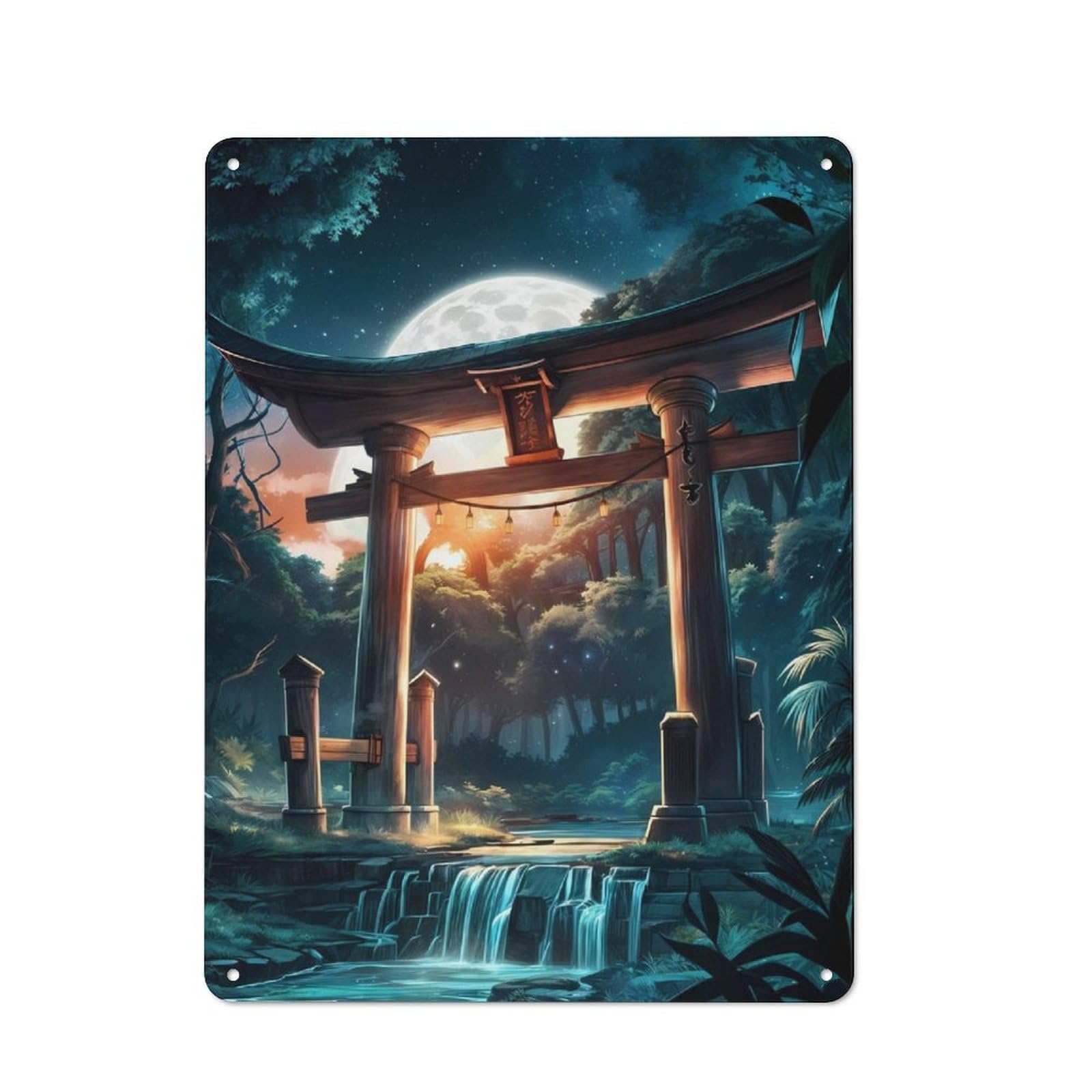 Retro Metal Sign with Torii Gate Night Forest Design 40x30cm, Weathered Look Shed Wall Plaque for Garage, Workshop, Shed Or Utility Room