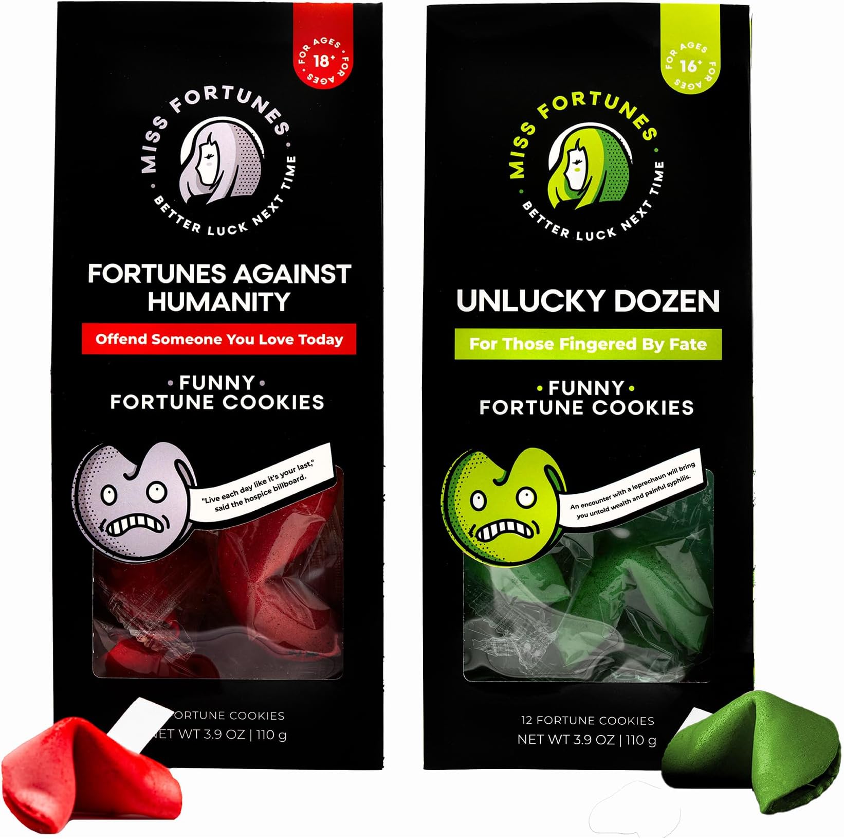 Miss Fortunes, Funny Fortune Cookies, The Two-Pack Shakur, Red and Green Cookies, Written by Professional Comedy Writers (Multi-pack of 2 Dozen Cookies) (Fortunes Against Humanity + Unlucky Dozen)