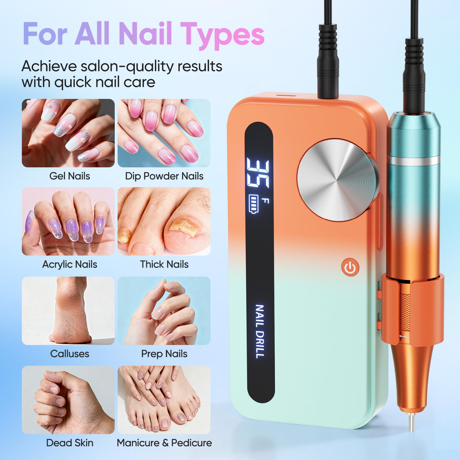 Fresa elettrica per unghie con 12 inserti lucidanti e 30 nastri abrasivi, 0-35.000 giri/min per manicure e pedicure per tagliare, limare, modellare e curare unghie e cuticole, Regolabile (Arancione)