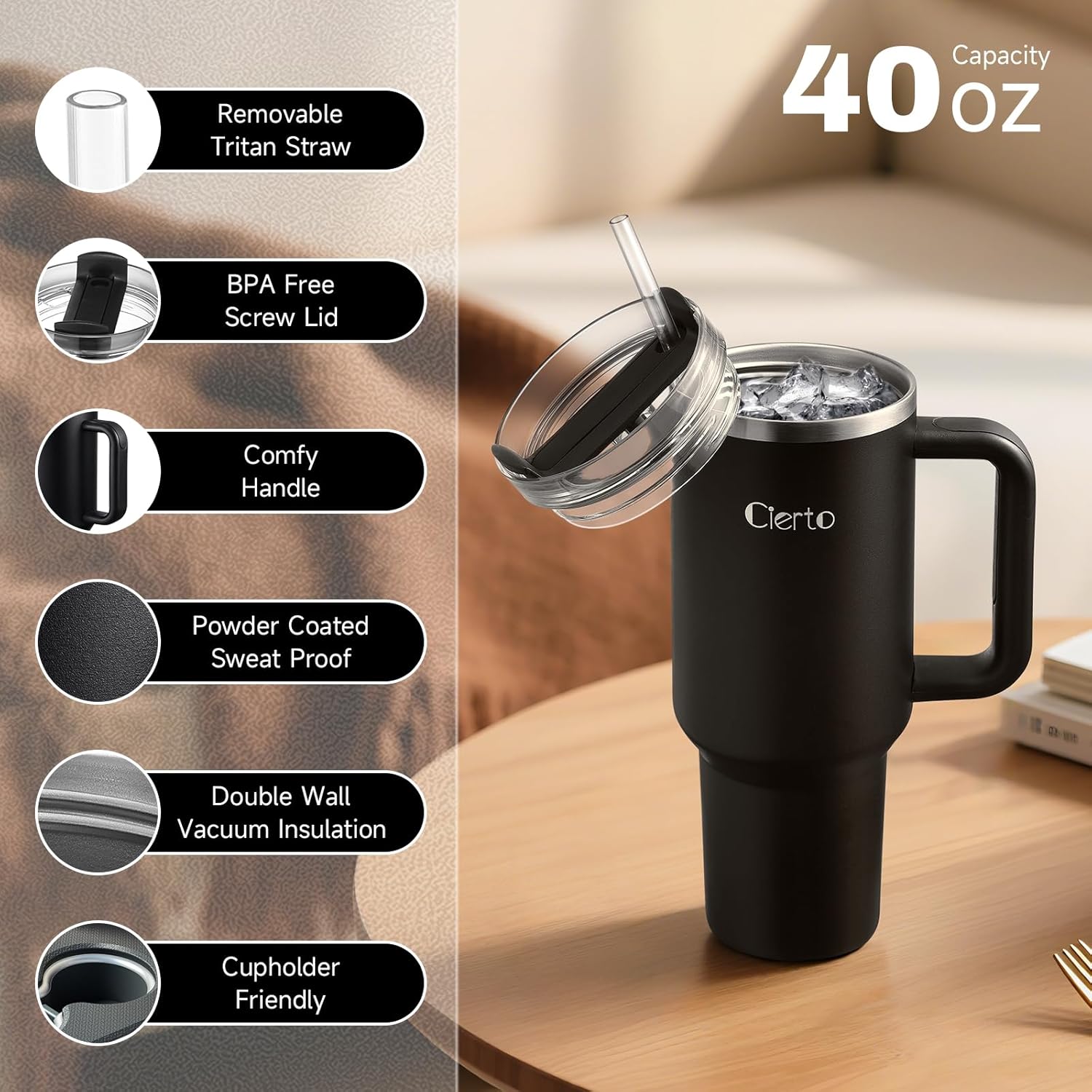 Cierto 40 oz Tumbler with Handle - 3-in-1 Lid & Straw, Double Wall Vacuum Insulated Keeps Drinks Hot/Cold All Day, Car Cup Holder Friendly Stainless Steel Travel Mug, Gift for Women Men Teens (Black) - Image 2