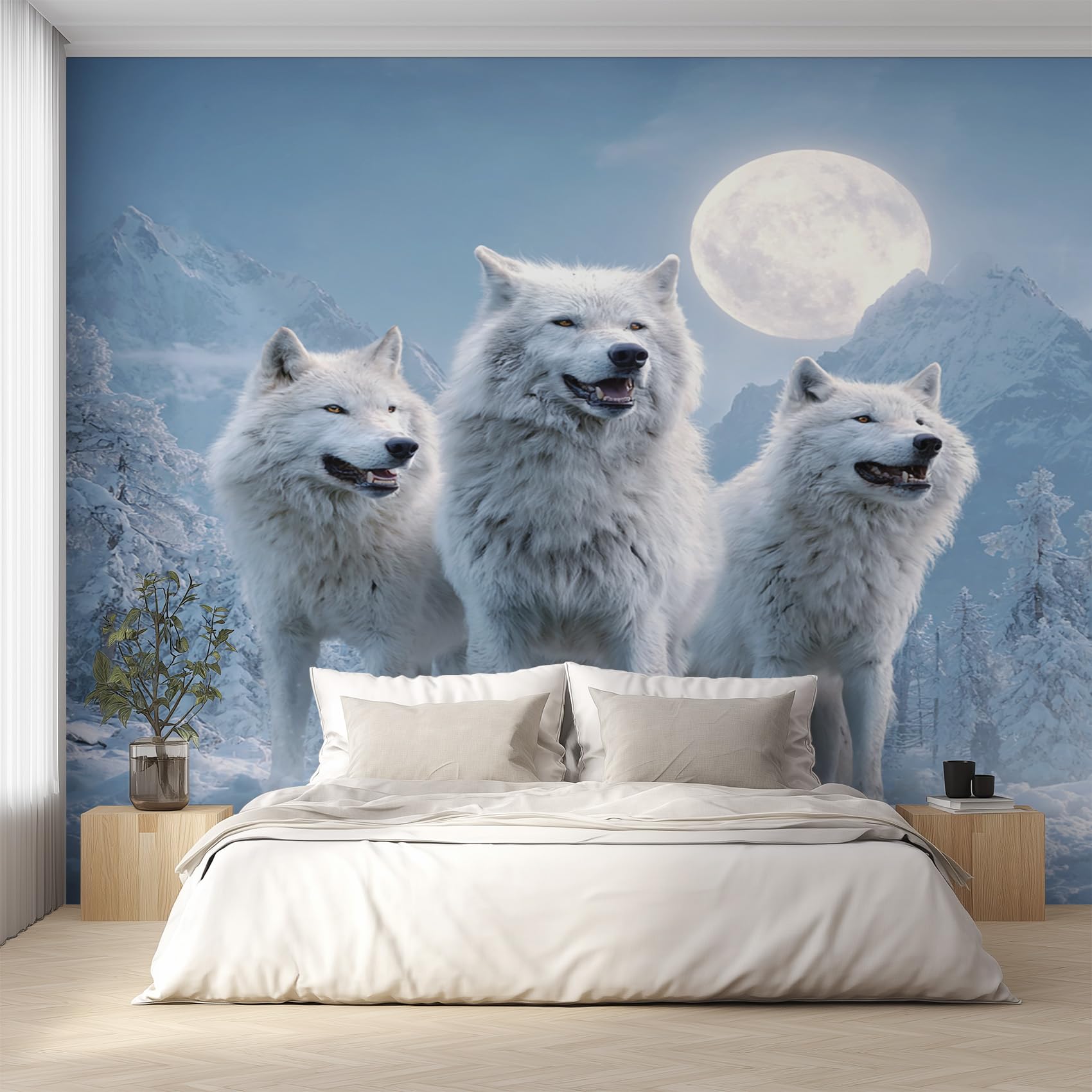 Fresque murale intissé loup blanc papier peint panoramique haute finition 300x210