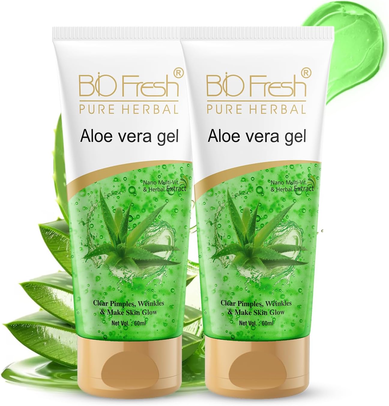 B I O F R E S H Organic Aloe Vera Gel with Vitamin E and Antiseptic Herbs, For Smooth, Nourished and Moisturised Skin, Anti-ageing & Anti-Inflammatory, 60+60ml