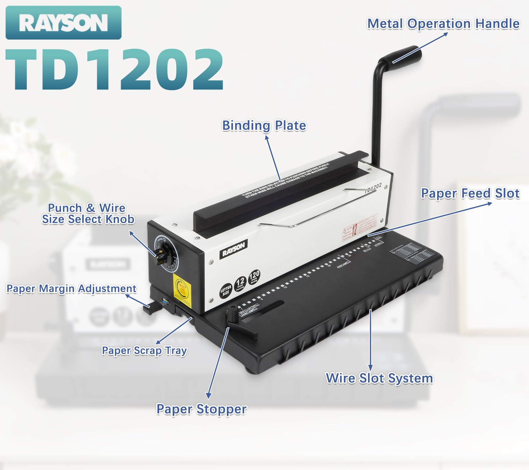 Rayson TD1202 máquina de encuadernación, 3:1 paso de alambre de la máquina de encuadernación, perforadora 12 hojas/encuadernación 120 hojas con construcción de metal resistente