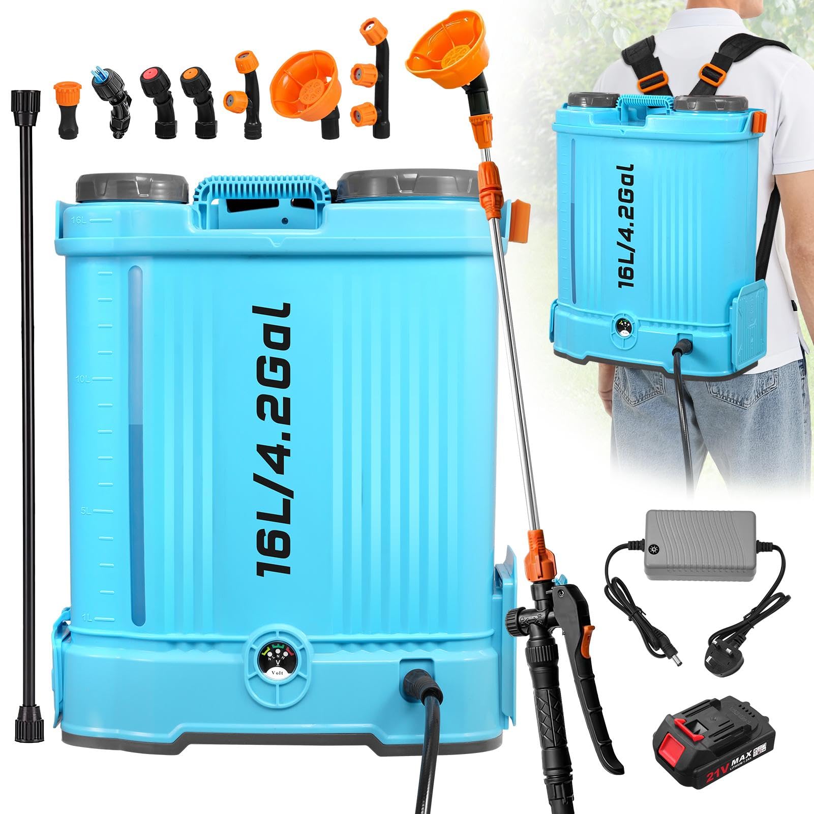 Battery Powered Sprayer 16L,100PSI Pressure Spray Compatible With Makita 18V Battery,21V Electric Garden Spraye𝐫 with 6 Mist Nozzles,Adjustable Shoulder Strap,Knapsack Sprayer for Garden Lawn