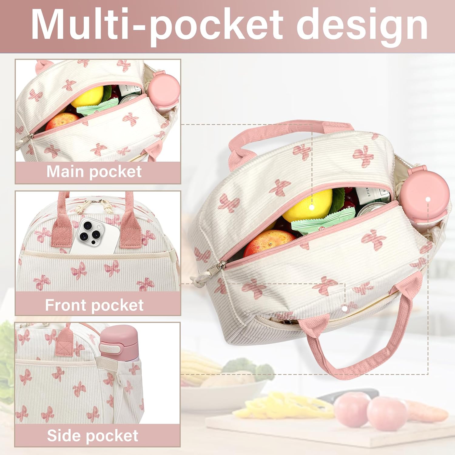 Lunch Box for Women, Insulated Lunch Bag Cute Corduroy Lunchbag Reusable Lunchbox for Work (bow pink) - Image 4