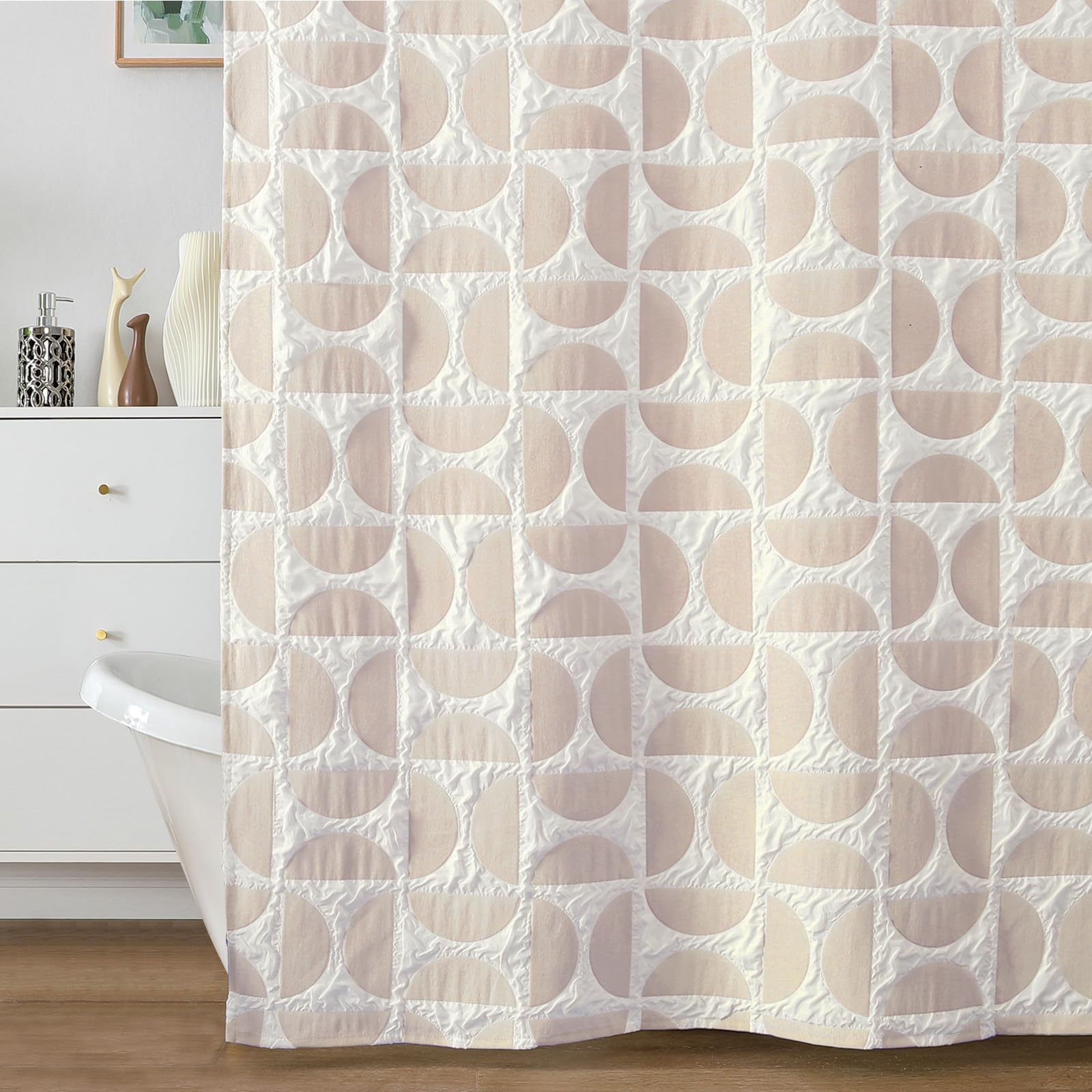Aiyufeng White and Taupe Shower Curtain Set 72x72 Inches with 12 Plastic Hooks, 3D Geometric Embossed Textured Fabric Shower Curtains for Bathroom, Soft Polyester Minimalist Cloth Shower Curtain