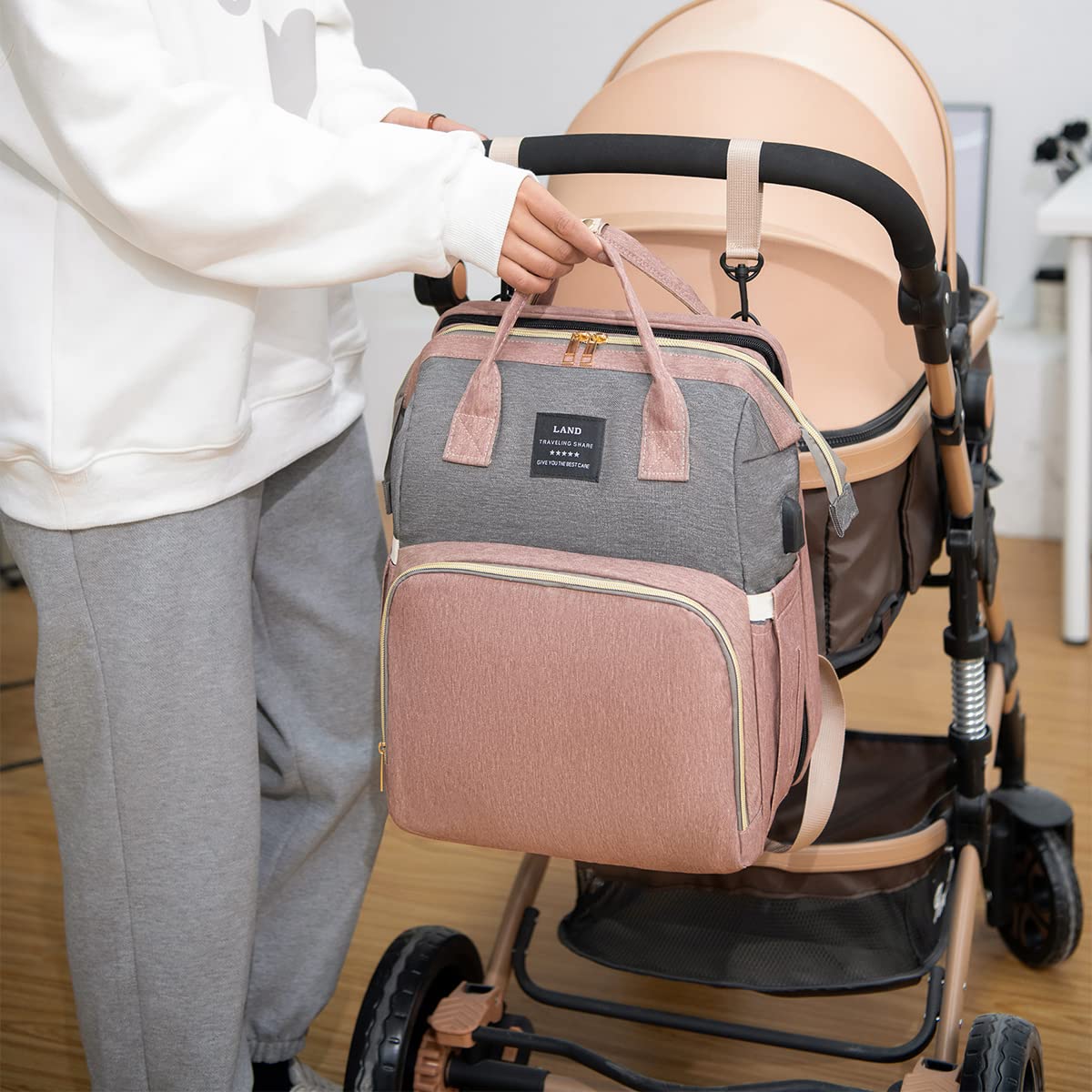 Sac à Langer Bébé Grand Sac à Dos avec Matelas, Moustiquaire et Port USB