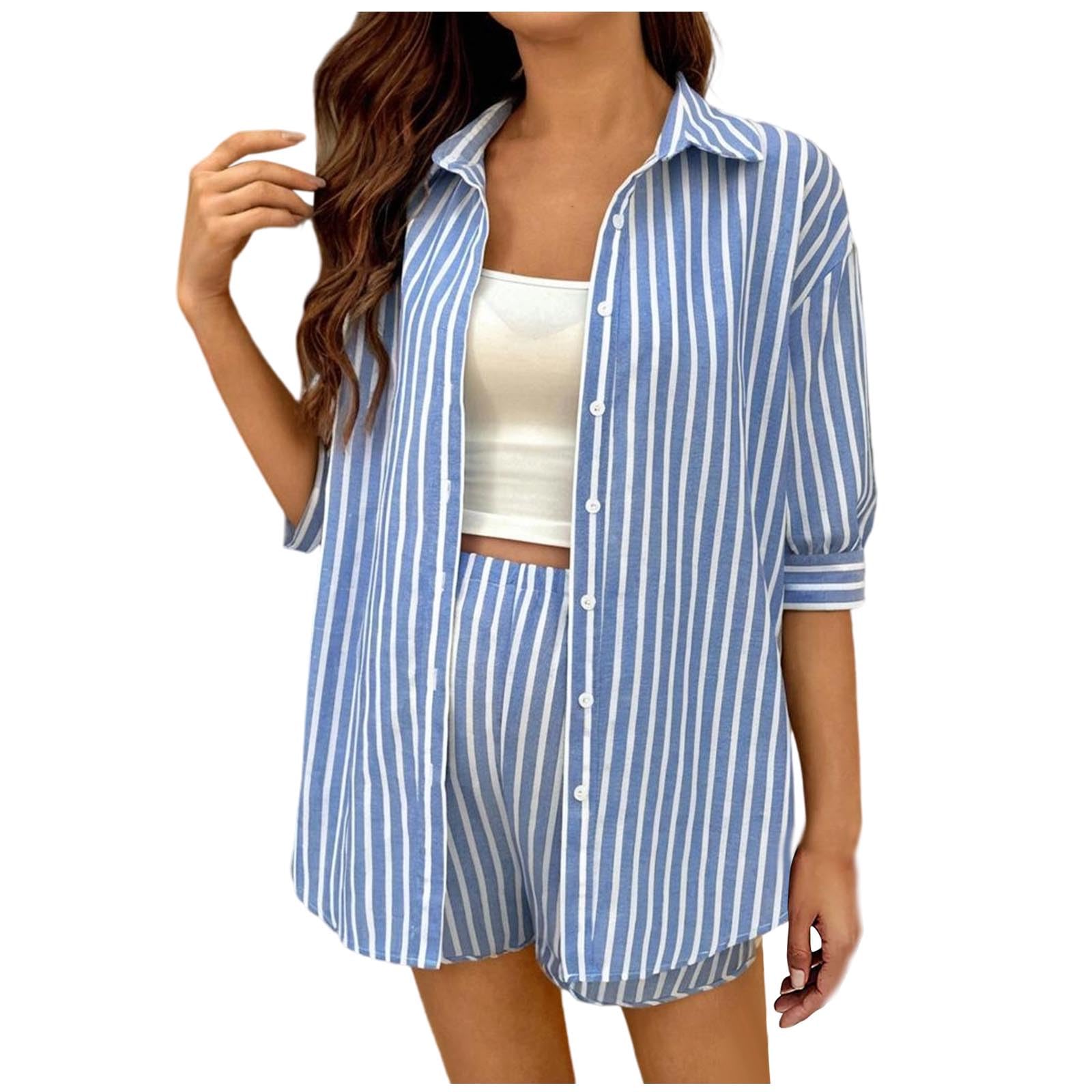 HGps8w Maternity Womens Summer 2 Piece Sets Striped Long Sleeve Button Down Shirts Matching Shorts Beach Vacation Outfits
