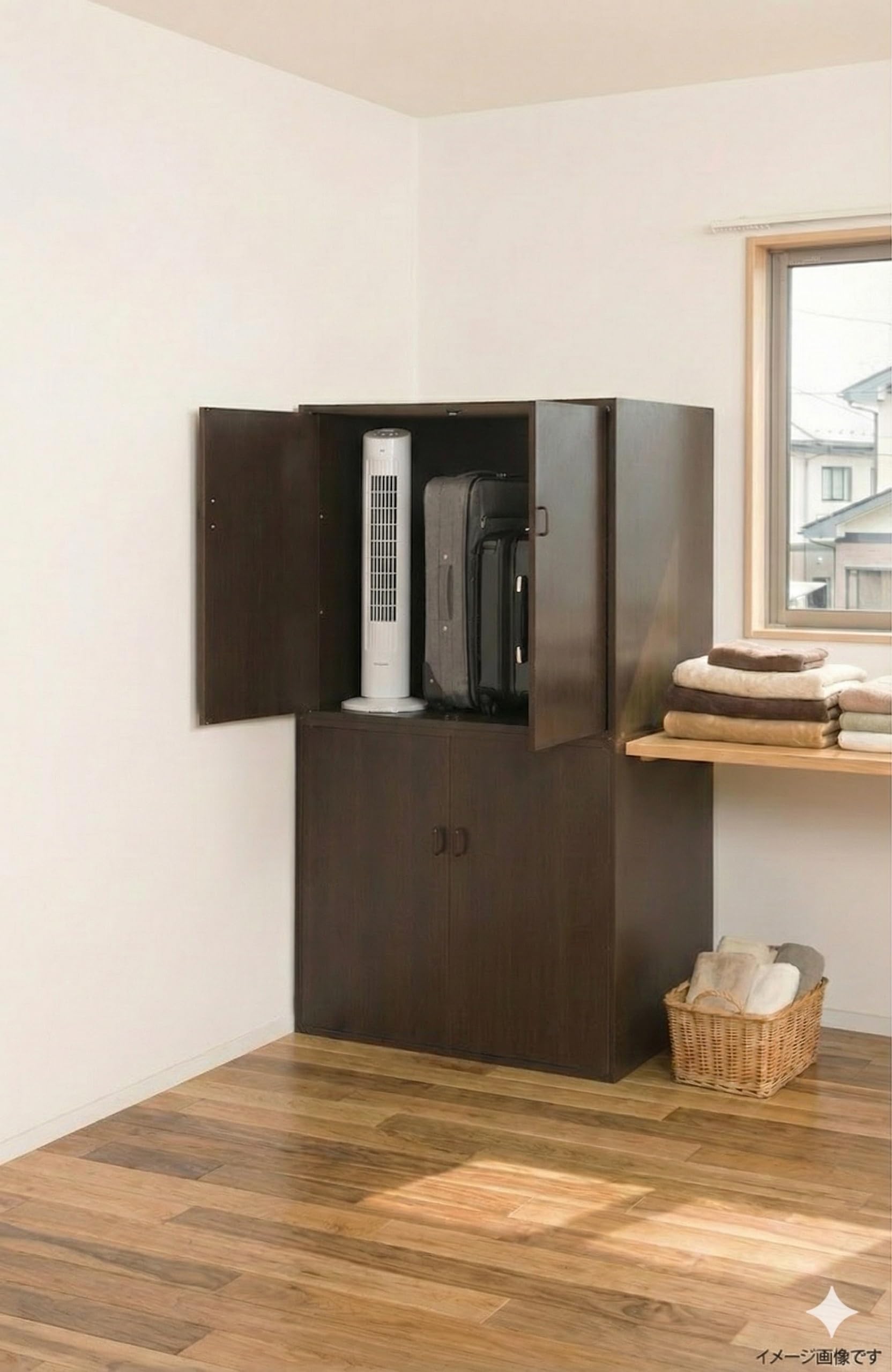 木製ラック ダークブラウン 2段収納（布団や家電収納） Amazon｜布団収納庫 2台セット ダークブラウン 奥行85cm 深型収納 扉