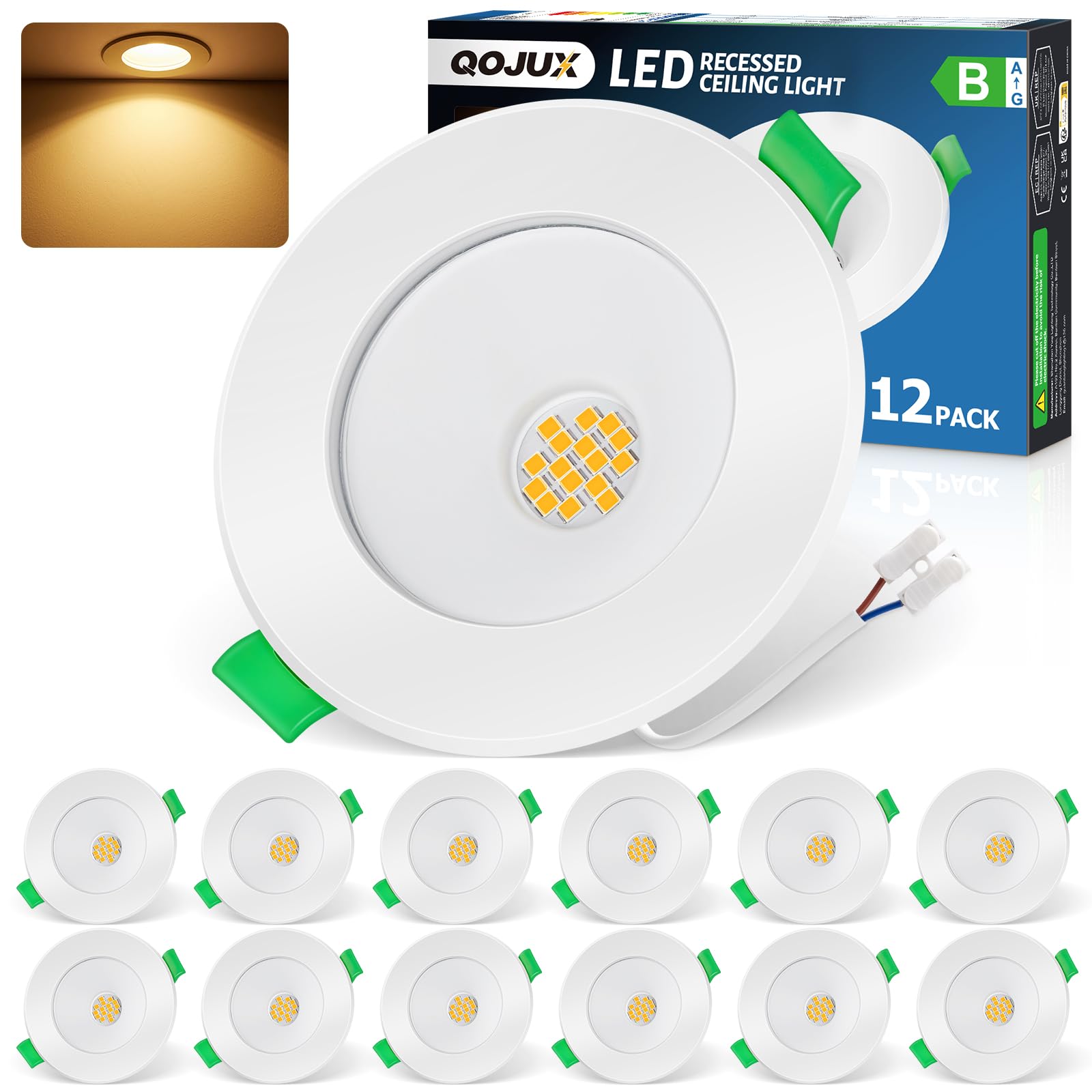 LED Einbaustrahler 230V Energieklasse B, 5W 800LM Warmweiß LED Spots | 68-80mm Lochmaß Spots Deckenleuchte, Ultra Flach IP44 Deckenspots für Badezimmer, Küche Wohnzimmer, Nicht Dimmbar, 12 Stück