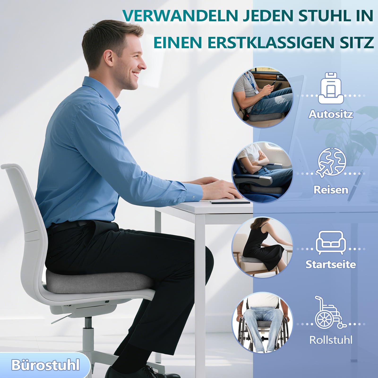 Cojín ortopédico de espuma viscoelástica – Cojín ergonómico para silla de oficina y coche para aliviar la presión y comodidad durante largos períodos de sentado, antideslizante y lavable