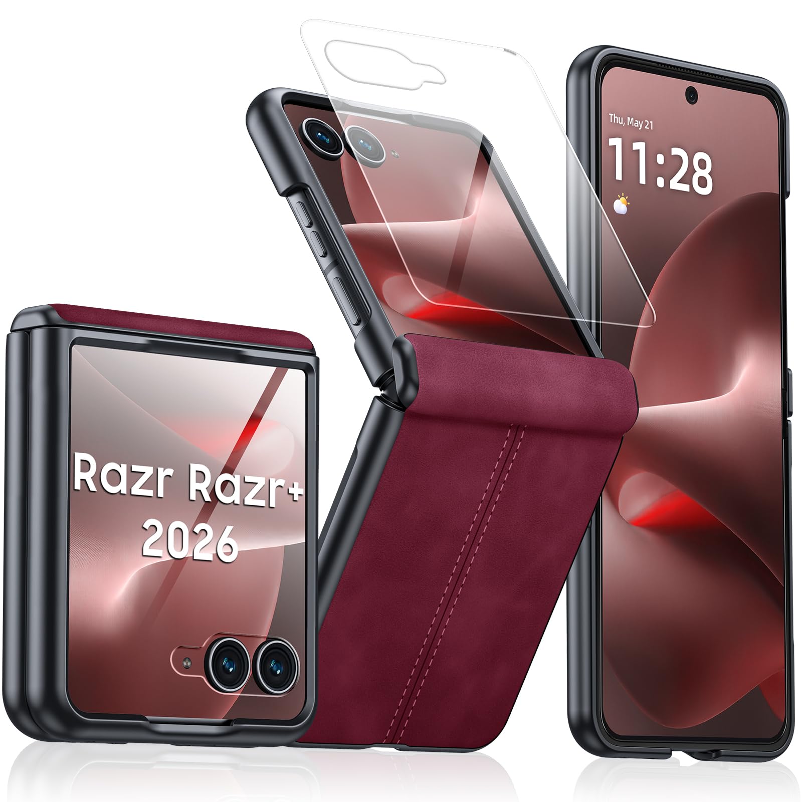 for Motorola Razr+ Plus 2026 Case/Razr+ Plus 2025 Case with Hinge Protection &amp; Built-in Outer Screen Protector, PU Leather Matte PC Shockproof Cover, Ultra Slim Case for Razr+ 2026/2025-Red
