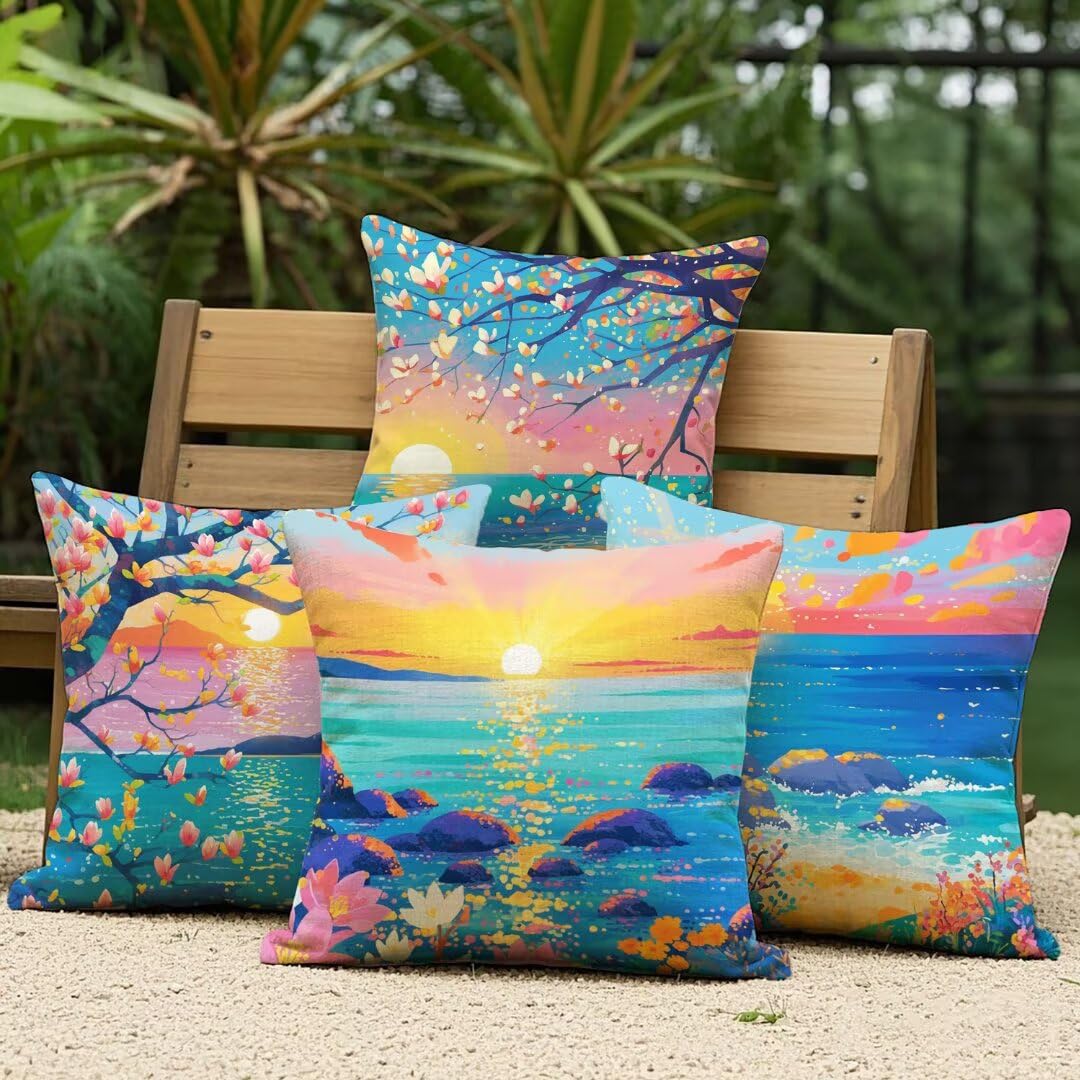 Fundas Cojines 45x45 cm Exterior Cojines Costa Fundas de Almohada Juego de 4, Cuadrados Funda Cojin Verano Almohadas con Cremallera, Sofa Cama Decorativos para Hogar, Jardín, Salón y Dormitorio Ym193
