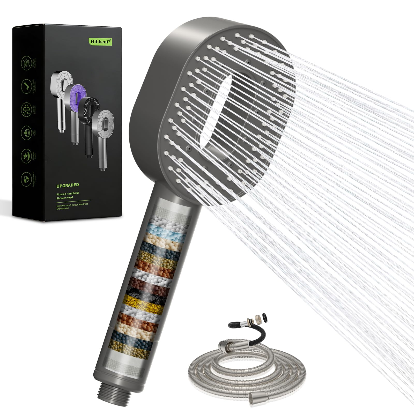Hibbent Soffione doccia con tubo da 1,5 m e filtro a 20 livelli, soffione doccia ad alta pressione con funzione di arresto per acqua dura, 5 tipi di getto, doccetta contro calcare e cloro – grigio