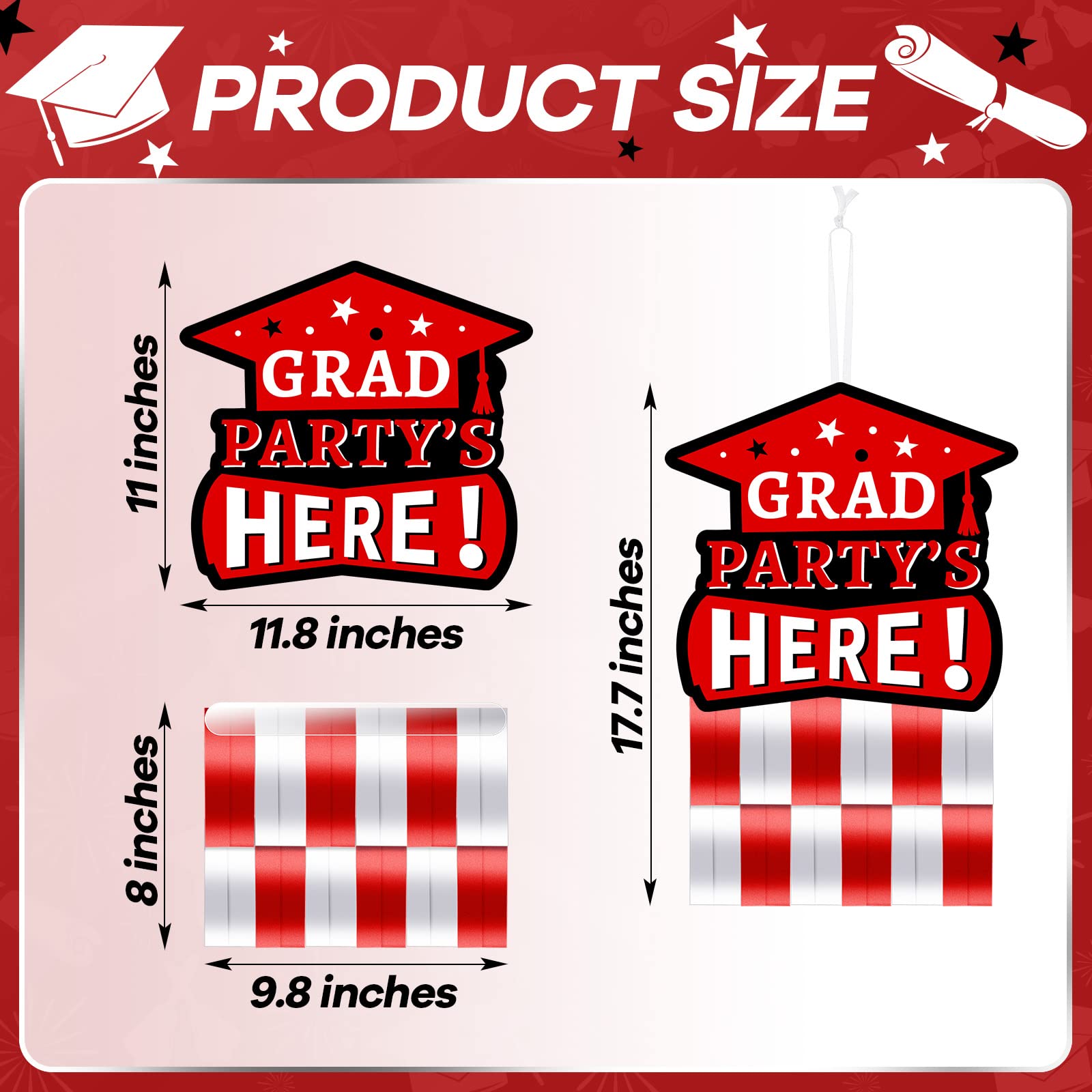 Cindeer 4 Sets Red Black and White Graduation Party Decorations 2025, Congrats Grad Class of 2025 Graduation Hanging Streamers Grad Hat Decor for Graduation Party Supplies