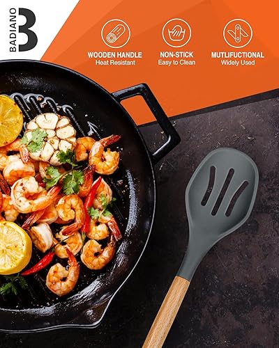 Miniatura 7 de Cucharas de cocina de silicona grandes, paquete de 2 cucharas antiadherentes con mango de madera maciza y ranurada, cucharas de cocina de silicona